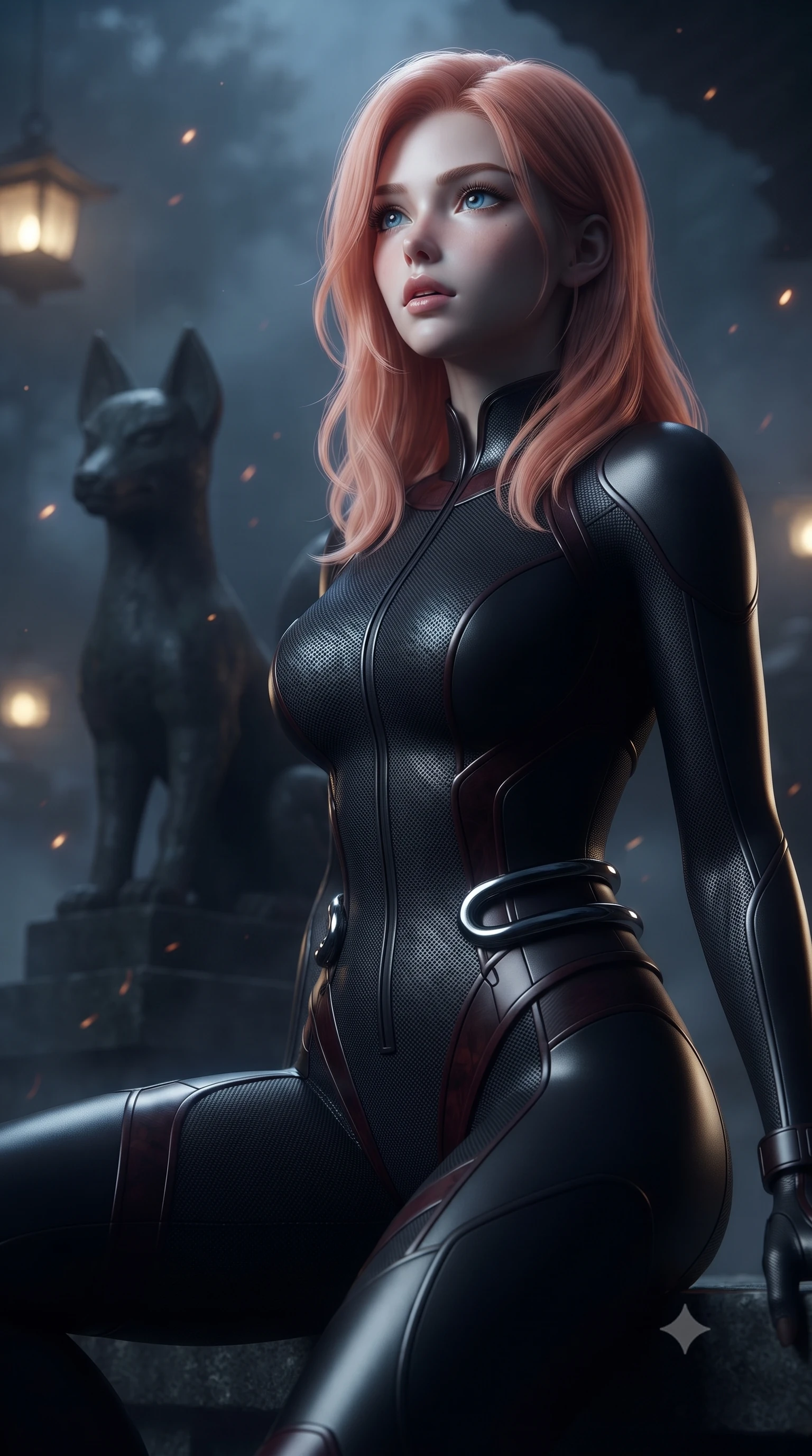score_9, masterpiece, best quality, ultra-detailed, high-budget anime keyframe, editorial fashion photography, tasteful artistic composition, Japanese woman. close-up cowboy shot from the waist and thighs up, the character dominates the composition, filling the frame with her large presence, background elements kept in soft focus. Tilting her chin up slightly with lips parted in a composed, mysterious expression, resting near a dark stone fox statue illuminated by floating spirit lanterns, ghostly spirit fire embers drifting silently through the cool night air. She has an exceptionally elegant, slender, and willowy female figure with an ultra-slim waist, a gracefully sculpted slender torso, and a refined silhouette. sharp v-shaped jawline, high-bridge nose, intricate jewel-like eyes with depth, thick eyelashes, glossy lips with a natural sheen. wearing second-skin matte carbon-fiber combat suit in onyx black in dark mahogany, made of fine dark contouring mesh, accented with sculpted obsidian chrome rings at the waist, following her slender form with tailored precision. lit by dim golden key light piercing through heavy midnight fog. ultra-reflective glossy finish, specular highlights, metallic sheen, high-contrast stereoscopic depth, volumetric dynamic lighting, 2k, ultra detail, master piece, 9:16 ratio