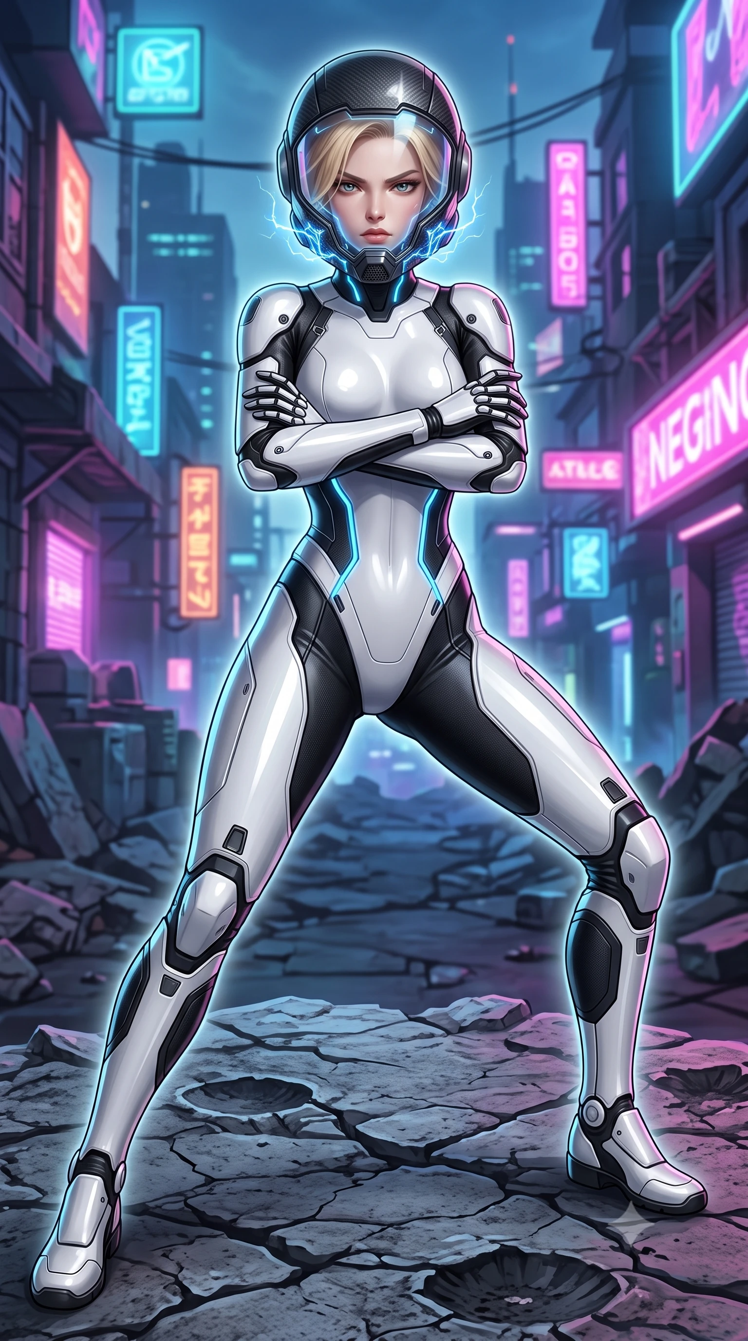 score_9, masterpiece, best quality, ultra-detailed, high-budget anime keyframe, semi-realistic 3D game render, editorial fashion photography, tasteful artistic composition, Caucasian woman. close-up cowboy shot from the waist and thighs up, the character dominates the composition, filling the frame with her large presence. shifting into a low cat-stance with arms crossed defensively, glowing energy conduits tracing her ultra-slim waist and sculpted clavicle while assuming a defensive Panzer Kunst stance as residual EMP charge creates a faint glowing halo around her slender silhouette. The surrounding environment is rendered in vivid detail and crisp panoramic clarity. sharp rebreather metallic mesh, glowing blue electrical discharge branches, and cracked crater rock in deep focus. She has an exceptionally elegant, slender, and willowy female figure with an ultra-slim waist, a gracefully sculpted slender torso, toned flat midriff, and a refined slim silhouette. sharp v-shaped jawline, high-bridge nose, intricate jewel-like eyes with depth, thick eyelashes, glossy lips with a natural sheen, fierce and resolute heroine expression, flawlessly proportioned anatomical accuracy, strict slender model proportions, natural body alignment, perfectly sculpted long slender limbs, ultra-slim waistline, clean dynamic posture without body distortion. wearing an open-face aerodynamic carbon-fiber combat helmet with a retracted transparent holographic HUD visor framing her sharp jawline and jewel-like eyes, paired with an ultra-sleek high-gloss carbon-composite exoskeleton suit featuring kinetic shock-absorbing shin guards and flexible limb articulation joints in monochrome white enamel carbon with high-contrast black tactical panels, made of liquid carbon-jersey fabric accentuating every curve of her tall, slender model proportions, finished with high-mobility flexible armor articulation seams and miniature magnetic locks, the sleek second-skin cut tightly hugging her graceful clavicle, narrow waist, and feminine curves with athletic precision. surrounded by an electrifying, invincible, and radiantly transcendent dystopian heroine aura. rich saturated anime colors with glowing neon highlights, detailed shading with soft gradients, rich glossy textures, high-contrast stereoscopic depth, volumetric dynamic lighting, master piece, 9:16 ratio