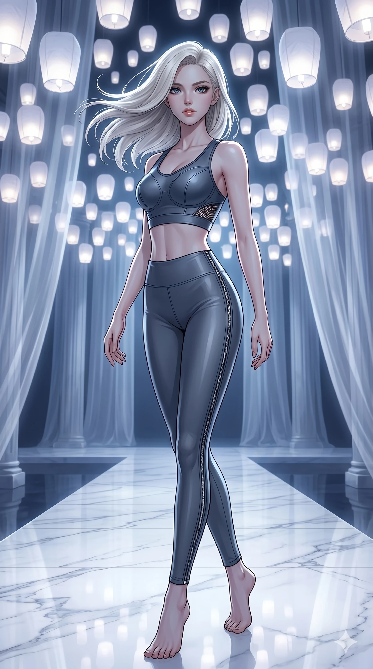 score_9, masterpiece, best quality, ultra-detailed, high-budget anime keyframe, editorial fashion photography, tasteful artistic composition, Caucasian woman, strictly human ears. low angle full-body shot from head to toe showing her feet, filling the entire 9:16 vertical frame with her statuesque presence, stretching her vertical silhouette. Pivoting sharply mid-step with hair sweeping dramatically behind on a runway of polished white marble under a canopy of thousands of floating luminous lanterns. She has an absolutely perfect 8-heads proportion, an exceptionally tall and slender female figure with impossibly long slender legs and an ultra-slim waist. V-shaped jawline, high-bridge nose, intricate jewel-like eyes with depth, thick eyelashes, glossy lips with a natural sheen. wearing a high-performance fitted crop sports top in deep chrome grey with sculpted structured cups and a bold graphic mesh insert at the sides, paired with matching high-waist compression leggings with side chrome zip details. bathed in cold silver moonlight filtered through translucent gossamer curtains casting soft shadows on her curves. 2k, ultra detail, master piece, 9:16 ratio