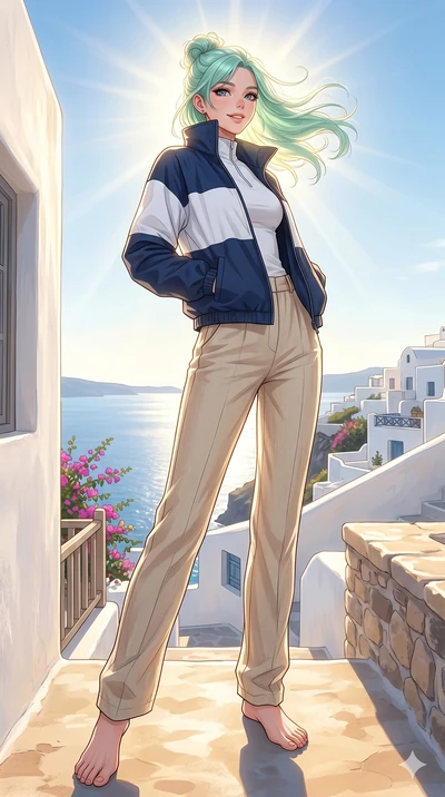 score_9, masterpiece, best quality, ultra-detailed, high-budget anime keyframe, editorial fashion photography, tasteful artistic composition, Japanese woman. low angle full-body shot from head to toe showing her feet, filling the entire 9:16 vertical