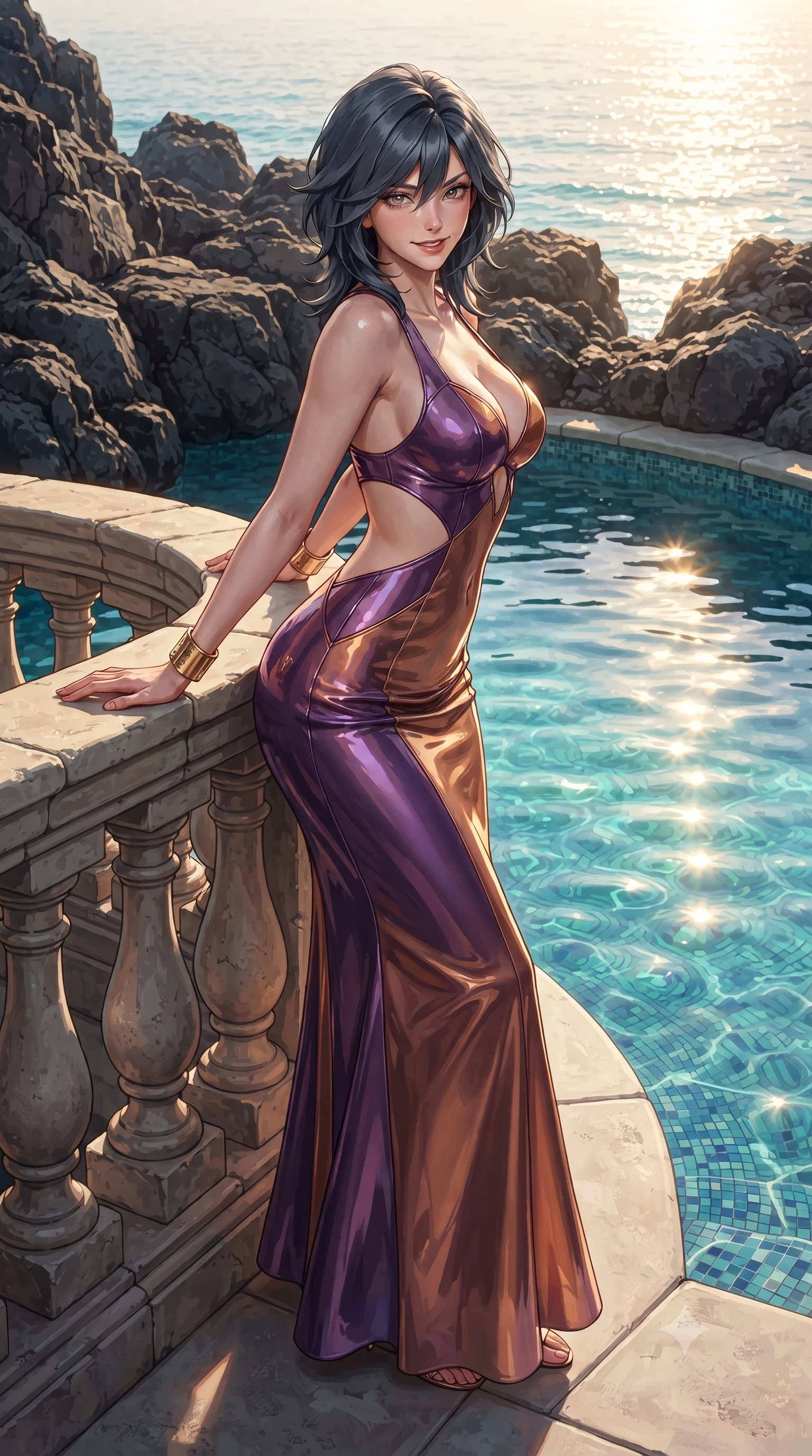 score_9, masterpiece, best quality, ultra-detailed, high-budget anime keyframe, editorial fashion photography, tasteful artistic composition, Caucasian woman. low angle full-body shot from head to toe showing her feet, filling the entire 9:16 vertical frame with her statuesque presence, stretching her vertical silhouette. leaning deep against the balcony balustrade with hips cocked back in an unapologetically alluring high-fashion stance, casting an intoxicating glance while standing poised at the edge of the iconic cliffside pool carved into basalt rocks, arching her spine with effortless Riviera siren charisma. The surrounding environment is rendered in vivid detail and crisp panoramic clarity: sharp weathered sea-rock textures, crystalline water ripples over mosaic tiles, and smooth limestone pool coping in deep focus. She has an exceptionally tall and slender model-like 8.5-heads proportion, an ultra-slim waist, a flat toned midriff, narrow delicate ribcage, and beautifully sculpted feminine hips creating a graceful, slim hourglass silhouette without any bulky heaviness, with impossibly long slender legs. sharp v-shaped jawline, high-bridge nose, intricate jewel-like sparkling eyes with depth, thick eyelashes, glossy parted lips with a natural peach sheen, bright cheerful beaming smile with an enchanting and coquettish sensual glint, exuding both youthful cute charm and seductive allure, flawlessly proportioned anatomical accuracy, strict slender model proportions, natural body alignment, perfectly sculpted long slender limbs, ultra-slim waistline, clean dynamic posture without body distortion. wearing a cut-out liquid jersey resort dress with geometric side-waist openings and a plunging sweetheart neckline in Mirage sunset amethyst purple and warm bronze, crafted from high-tensile reflective patent leather with sleek specular highlights, accented with delicate golden wrist cuffs reflecting warm chandelier light, the precision-cut side openings and low-back scoop framing her graceful spine and the sensual sweep of her slim, toned hips. bathed in luminous late-afternoon Mediterranean sun reflecting intensely off turquoise saltwater. ultra-reflective glossy finish, specular highlights, rich textural contrasts, high-contrast stereoscopic depth, volumetric dynamic lighting, 2k, ultra detail, master piece, 9:16 ratio