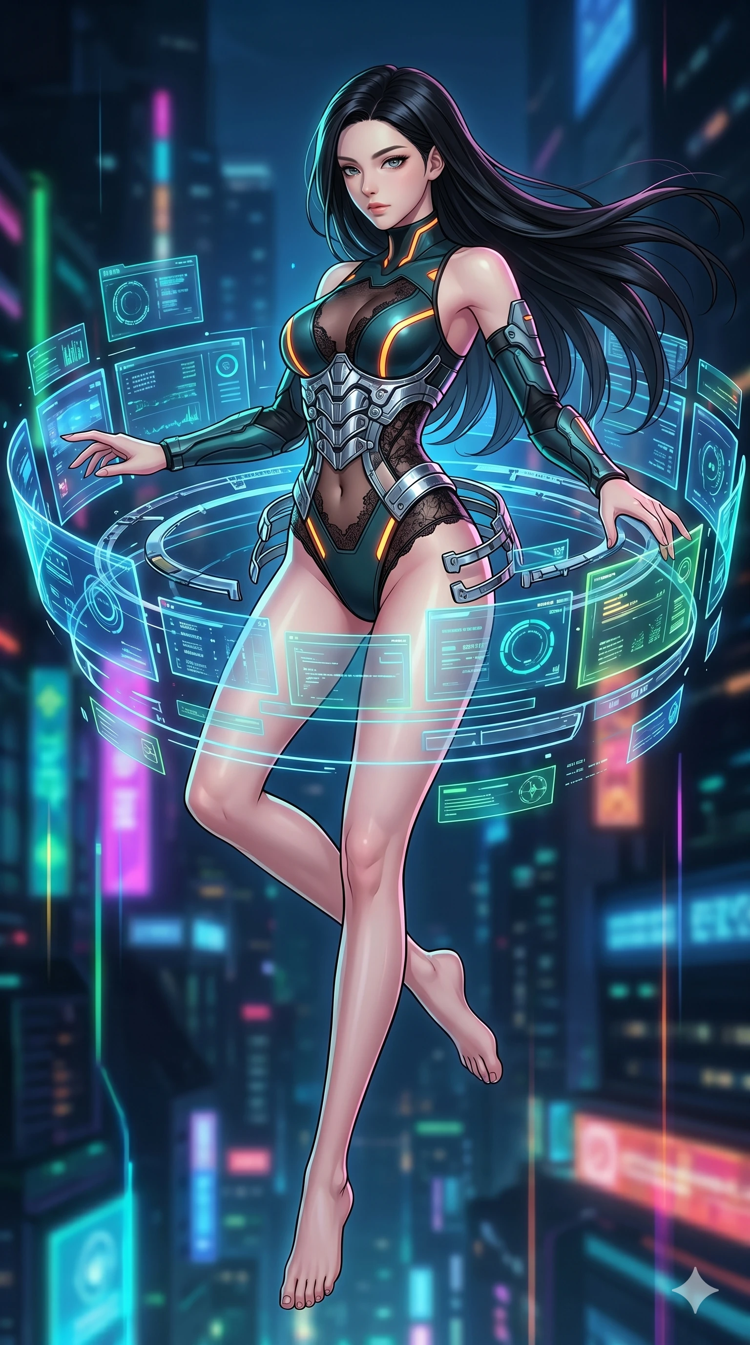 score_9, masterpiece, best quality, ultra-detailed, high-budget anime movie keyframe, cinematic anime lighting, intricate line art, Korean woman. Mid-air action shot capturing a graceful twist and vertical silhouette. operating a holographic console that surrounds her like a cage. She has an absolutely perfect 8-heads proportion, an exceptionally tall and slender female figure with an ultra-slim waist and impossibly long slender legs. strictly human anatomy, two legs only, no extra limbs, clearly defined legs and arms, perfect anatomy, perfect hands and fingers. sharp v-shaped jawline, high-bridge nose, intricate jewel-like eyes, thick eyelashes, glossy lips. Wearing Cyber-Tech Legacy: Asymmetrical high-cut tech-bodysuit with detached sleeves and chrome-plated corset over sheer lace. The scene is illuminated by dramatic atmospheric lighting and vibrant color palettes. , 2k, ultra detail, master piece, 9:16 ratio