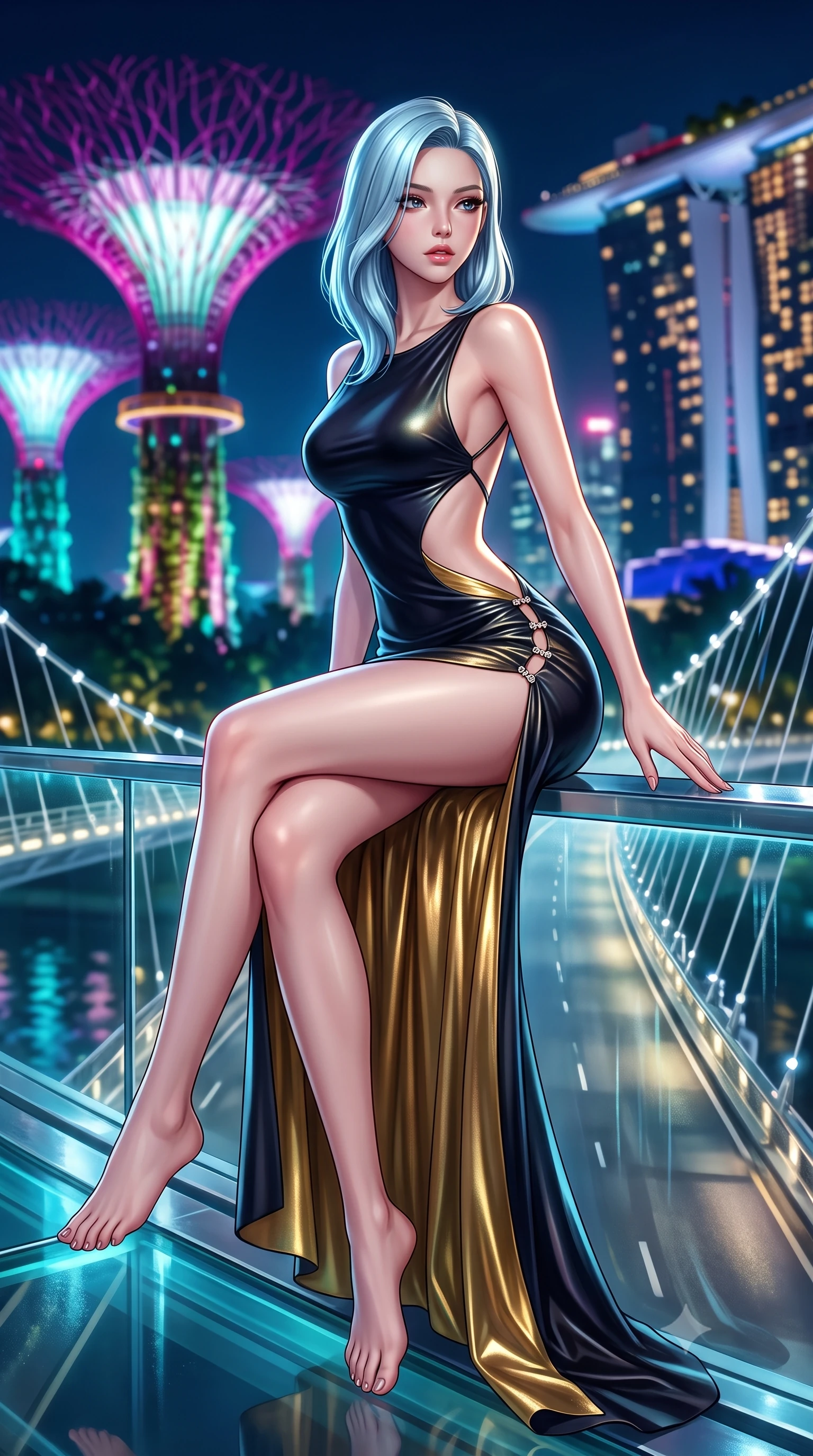 score_9, masterpiece, best quality, ultra-detailed, high-budget anime keyframe, semi-realistic 3D game render, editorial fashion photography, tasteful artistic composition, Korean woman. low angle full-body shot from head to toe showing her feet, filling the entire 9:16 vertical frame with her statuesque presence, stretching her vertical silhouette. sitting perched on the elevated edge with hips angled toward the camera and legs crossed, displaying her toned midriff and flawlessly sculpted slender limbs while standing poised at the center of the illuminated suspension bridge, twisting her slender torso in an alluring S-curve while looking toward the Marina skyline. The composition keeps background elements in soft focus with creamy bokeh. giant illuminated supertree bio-domes and Marina Bay Sands towers blurred into electric magenta, turquoise, and gold bokeh. She has an exceptionally tall and slender model-like 8.5-heads proportion, an ultra-slim waist, a flat toned midriff, narrow delicate ribcage, and beautifully sculpted feminine hips creating a graceful, slim hourglass silhouette without any bulky heaviness, with impossibly long slender legs. sharp v-shaped jawline, high-bridge nose, intricate jewel-like eyes with depth, thick eyelashes, glossy parted lips with a natural sheen, intensely captivating and seductive bedroom-eyes expression, flawlessly proportioned anatomical accuracy, strict slender model proportions, natural body alignment, perfectly sculpted long slender limbs, ultra-slim waistline, clean dynamic posture without body distortion. wearing a sculptured liquid-satin mermaid gown with an architectural open-waist cutout and bare spine in midnight obsidian black and liquid gold, crafted from luxurious metallic lamé that shifts radiance with every step, finished with an ultra-high side slit secured by miniature jeweled clasps, the precision-cut side openings and low-back scoop framing her graceful spine and the sensual sweep of her slim, toned hips. illuminated by wet specular glass bounce lights sculpting her toned waistline, slender spine, and feminine hips. highly saturated vibrant anime colors, detailed shading with soft gradients, rich glossy textures, high-contrast stereoscopic depth, volumetric dynamic lighting, master piece, 9:16 ratio