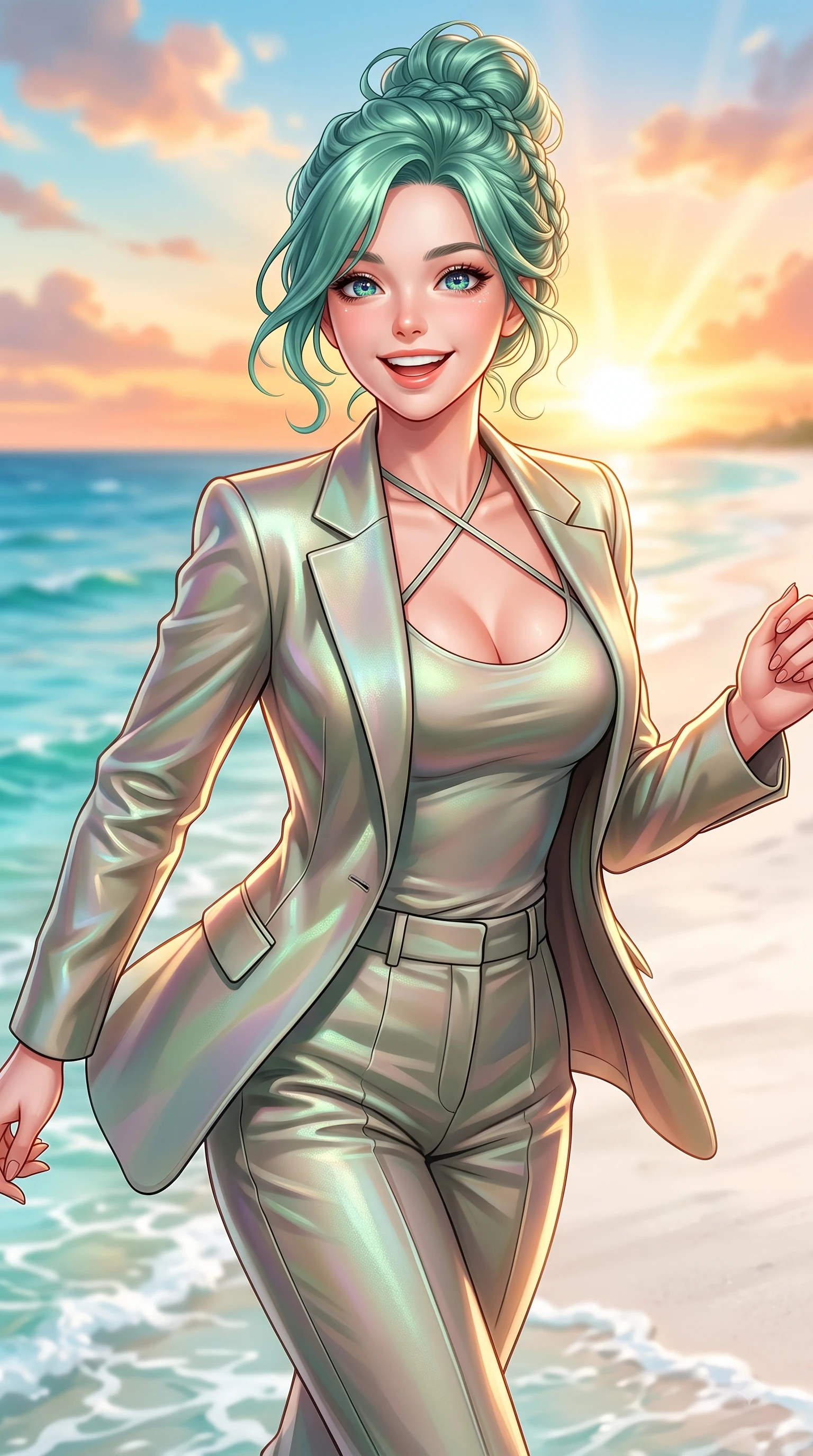 score_9, masterpiece, best quality, ultra-detailed, high-budget anime keyframe, editorial fashion photography, tasteful artistic composition, Japanese woman. close-up cowboy shot from the waist and thighs up, the character dominates the composition, filling the frame with her large presence, background elements kept in soft focus. Radiant bright smile with sparkling eyes directed right into the lens, her torso turning in a dynamic S-curve alignment while running playfully along a white sand beach as clear emerald ocean waves lap at her feet, soft white sand contrasting beautifully with rich ocean azure and vibrant sky blue hues. She has an exceptionally elegant, slender, and willowy female figure with an ultra-slim waist, a gracefully sculpted slender torso, and a refined silhouette. sharp v-shaped jawline, high-bridge nose, intricate jewel-like eyes with depth, thick eyelashes, glossy lips with a natural sheen, flawlessly proportioned anatomical accuracy, natural body alignment, perfectly sculpted elegant limbs, clean dynamic posture without body distortion. wearing a tailored silk blazer over a form-contouring scoop-neck top and slacks in sage green and oatmeal, crafted from iridescent chiffon that shifts colors in the light, complemented by criss-cross back straps highlighting her bare shoulders, the elegant draped fit framing her graceful clavicle and slender torso. illuminated by a glorious golden hour sunburst painting the clouds in joyful peach and amber. highly saturated vibrant anime colors, detailed shading with soft gradients, rich glossy textures, high-contrast stereoscopic depth, volumetric dynamic lighting, master piece, 9:16 ratio