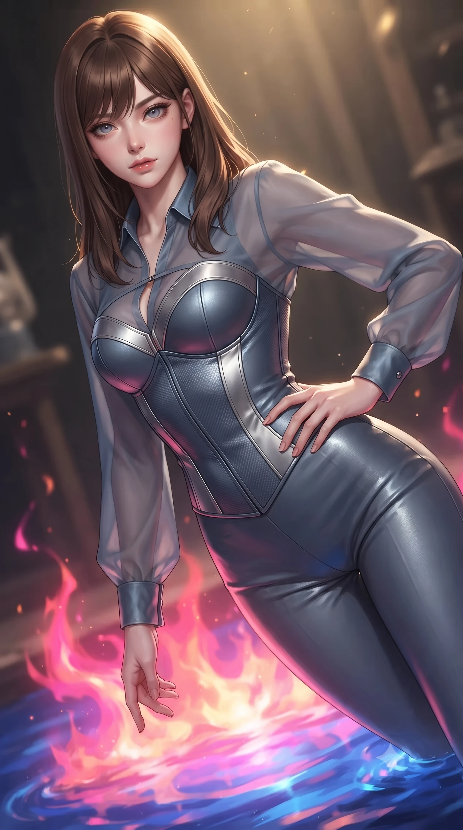 score_9, masterpiece, best quality, ultra-detailed, high-budget anime keyframe, editorial fashion photography, tasteful artistic composition, Korean woman. close-up cowboy shot from the waist and thighs up, the character dominates the composition, filling the frame with her large presence, background elements kept in soft focus. Holding a powerful dynamic pose with one hand on her hip and body angled dramatically toward the key light while floating gracefully above a sapphire alchemy flame with her torso tilted dynamically, boiling liquid aurora energy radiating intense hot pink and orange light from below. She has an exceptionally elegant, slender, and willowy female figure with an ultra-slim waist, a gracefully sculpted slender torso, and a refined silhouette. sharp v-shaped jawline, high-bridge nose, intricate jewel-like eyes with depth, thick eyelashes, glossy lips with a natural sheen, flawlessly proportioned anatomical accuracy, natural body alignment, perfectly sculpted elegant limbs, clean dynamic posture without body distortion. wearing a tailored leather bustier over a sheer silk chiffon blouse in slate blue and metallic silver, made of fine carbon-fiber weave and soft matte leather, accented with a Tasteful chest slit framing her clavicle gracefully, the sleek second-skin texture accentuating her magnetic presence. illuminated by golden alchemy rune radiance and dramatic top key light. ultra-reflective glossy finish, specular highlights, metallic sheen, high-contrast stereoscopic depth, volumetric dynamic lighting, 2k, ultra detail, master piece, 9:16 ratio