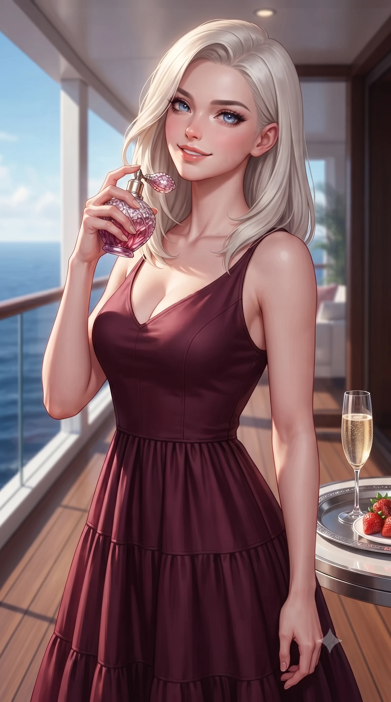 score_9, masterpiece, best quality, ultra-detailed, high-budget anime keyframe, editorial fashion photography, tasteful artistic composition, Caucasian woman. close-up cowboy shot from the waist and thighs up, the character dominates the composition, filling the frame with her large presence, background elements kept in soft focus. holding a vintage perfume bottle to her neck, smiling with quiet magnetic self-assurance set against a soft-focus background of inside an exclusive oceanfront balcony with a crystal glass of sparkling champagne and fresh strawberries on a silver tray. She has an exceptionally elegant, slender, and willowy female figure with an ultra-slim waist, a gracefully sculpted slender torso, and a refined silhouette. sharp v-shaped jawline, high-bridge nose, intricate jewel-like eyes with depth, thick eyelashes, glossy lips with a natural sheen. wearing form-contouring deep burgundy matte silk flowy linen sundress with a comfortable tiered skirt silhouette featuring refined tailored seams. accented by a single dramatic key light highlighting her statuesque posture and slim waist. highly saturated vibrant anime colors, detailed shading with soft gradients, rich glossy textures, high-contrast stereoscopic depth, volumetric dynamic lighting, master piece, 9:16 ratio