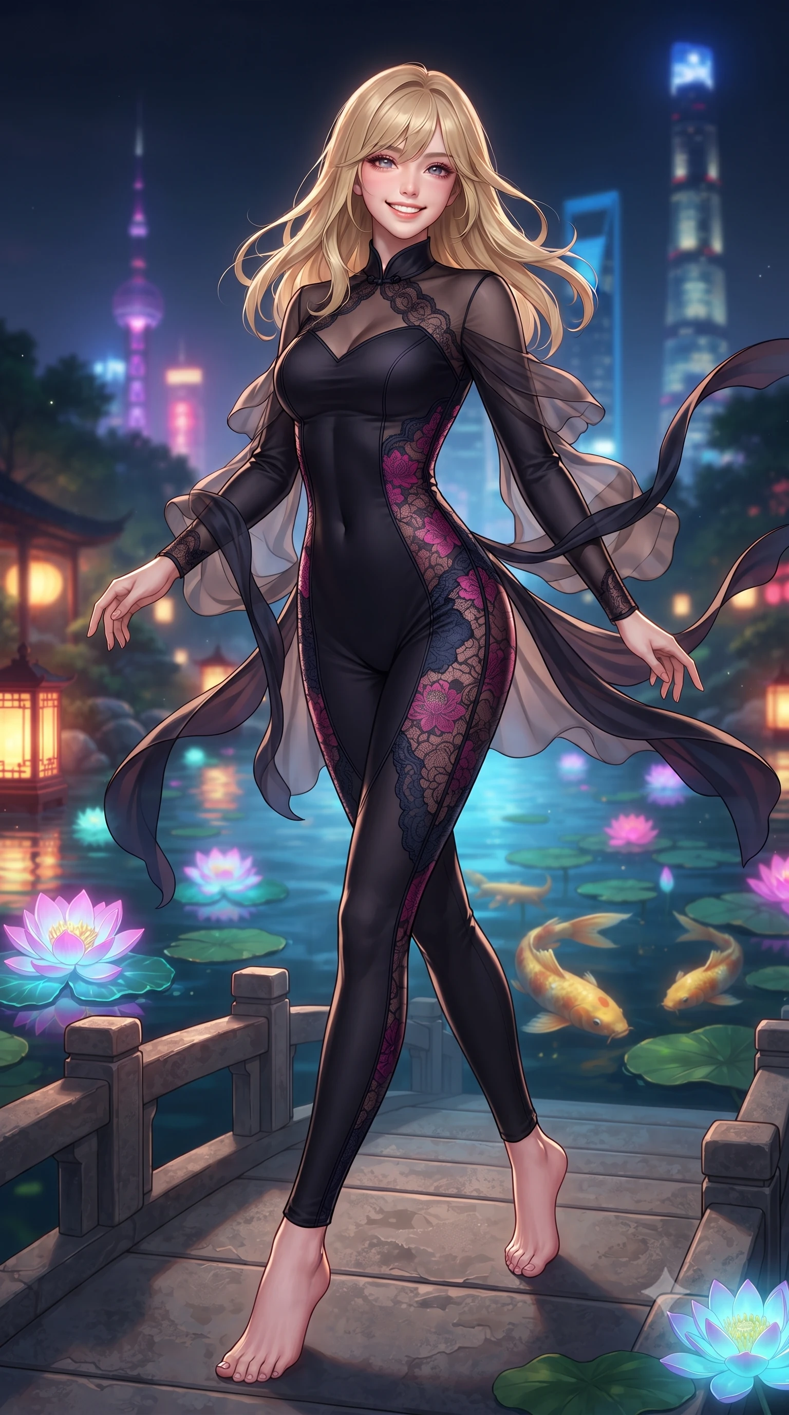 score_9, masterpiece, best quality, ultra-detailed, high-budget anime keyframe, editorial fashion photography, tasteful artistic composition, Japanese woman. low angle full-body shot from head to toe showing her feet, filling the entire 9:16 vertical frame with her statuesque presence, stretching her vertical silhouette. stepping forward gracefully across the stone bridge in mid-motion with a radiant beaming smile, hips swaying in an alluring kinetic rhythm that accentuates her curvy hourglass silhouette and long slender legs while twisting her slender torso in an alluring S-curve, glowing neon water lilies and traditional lanterns casting colorful reflections across her hips. The background shows a soft-focus swimming golden koi fish beneath lotus pads and distant illuminated Shanghai skyscrapers softened in surreal fusion shallow focus. She has an absolutely perfect, statuesque 8.5-heads proportion, an exceptionally tall and slender model-like female figure with impossibly long slender legs, an ultra-slim waist, a flat toned midriff, narrow delicate ribcage, and beautifully sculpted feminine hips creating a graceful, slim hourglass silhouette without any bulky heaviness. sharp v-shaped jawline, high-bridge nose, intricate jewel-like dark sparkling almond eyes with depth, thick lashes, glossy parted lips with a natural rose-plum sheen, bright alluring and coquettish smile with bedroom-eyes, exuding both timeless oriental elegance and sovereign high-fashion allure, flawlessly proportioned anatomical accuracy, strict slender model proportions, natural body alignment, perfectly sculpted long slender limbs, ultra-slim waistline, clean dynamic posture without body distortion. wearing a second-skin black silk jersey catsuit with delicate oriental floral lace panels along the ribs and thighs in deep lotus magenta and matte midnight navy, tailored from sheer gossamer silk organza with an airy weightless flutter, accented with flowing gossamer silk ribbons that flutter dynamically in the evening breeze, the glove-like silhouette tightly following the natural contour of her hips and long slender legs with youthful 8.5-heads elegance. illuminated by pavilion floor light panels and sharp gold rim lights defining her razor-sharp jawline, narrow waist, and curvy hips. ultra-reflective glossy finish, specular highlights, rich textural contrasts, high-contrast stereoscopic depth, volumetric dynamic lighting, 2k, ultra detail, master piece, 9:16 ratio