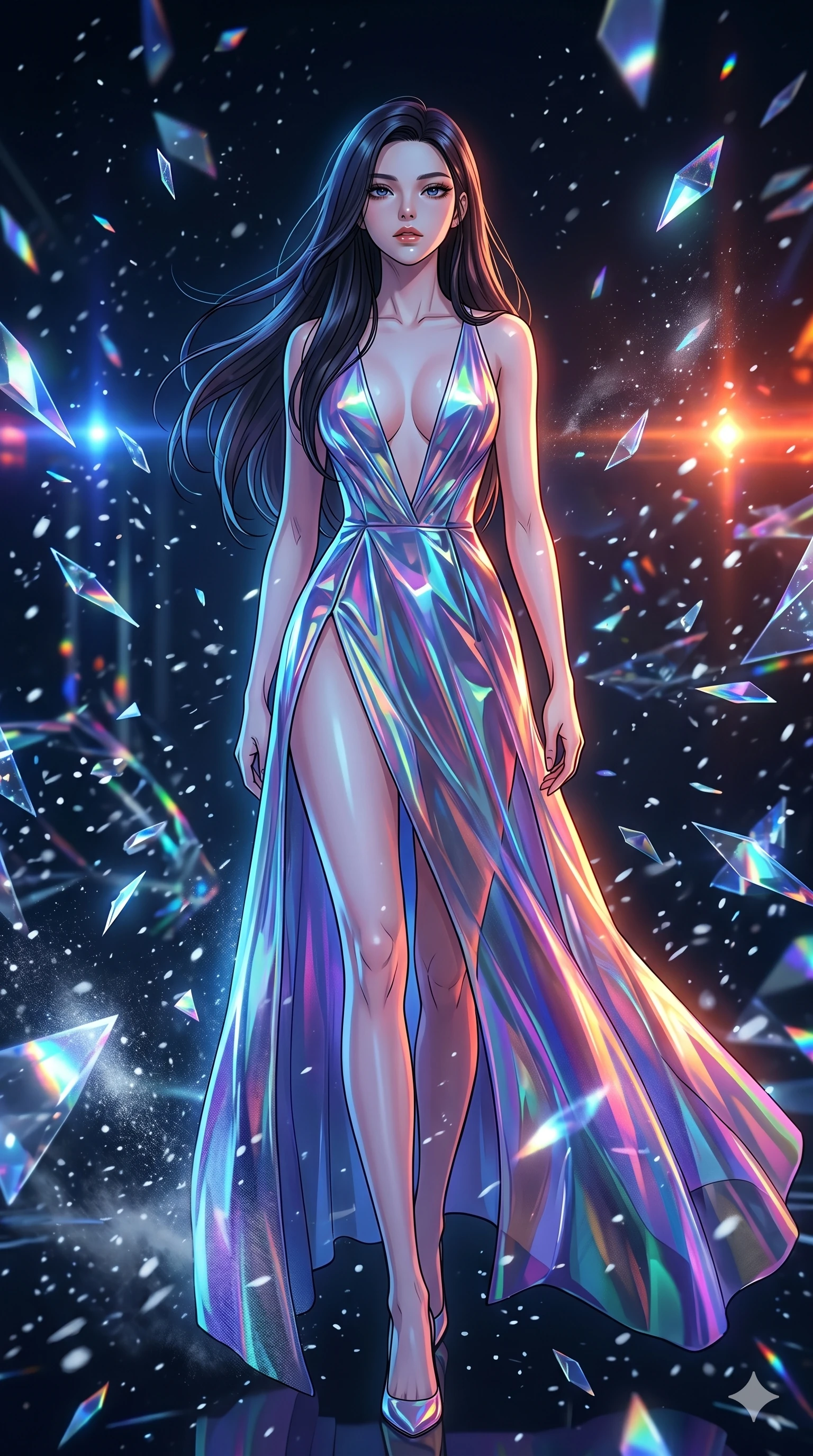 score_9, masterpiece, best quality, ultra-detailed, high-budget anime movie keyframe, cinematic anime lighting, intricate line art, Korean woman. Low angle cowboy shot filling the entire 9:16 frame with her statuesque presence. walking through a blizzard in a minimalist digital void surrounded by floating data-shards. She has an absolutely perfect 8-heads proportion, an exceptionally tall and slender female figure with an ultra-slim waist and impossibly long slender legs. sharp v-shaped jawline, high-bridge nose, intricate jewel-like eyes, thick eyelashes, glossy lips. Wearing avant-garde high-fashion gown made of iridescent vinyl with a dangerously high side slit and a plunging neckline, revealing an ultra-slim waist and long slender legs. The scene is illuminated by dramatic atmospheric lighting and vibrant color palettes. , 2k, ultra detail, master piece, 9:16 ratio