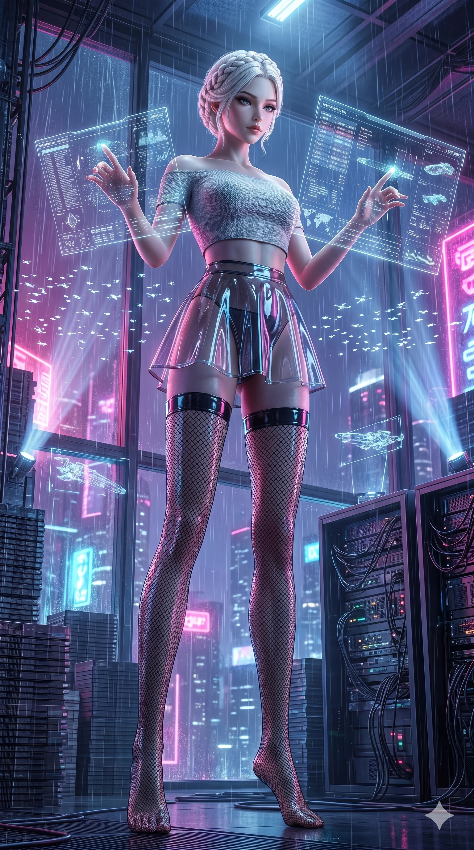 score_9, masterpiece, best quality, ultra-detailed, Photorealistic 8k CG, masterpiece, hyper-realistic SSS skin texture, cinematic ray-tracing, every pore and strand of hair rendered with extreme precision, 8k resolution, Japanese woman with delicate and elegant anime-inspired features. Wide-angle low shot emphasizing her impossibly long slender legs and commanding stature. Commanding a massive fleet of holographic drones within a high-security data center, her fingers dancing across invisible interfaces. She has an absolutely perfect 8-heads proportion, an exceptionally tall and slender female figure with impossibly long slender legs and an ultra-slim waist, her statuesque height and towering silhouette dominating the vertical 9:16 frame. Her face is a masterpiece featuring a sharp v-shaped jawline, high-bridge nose, intricate jewel-like eyes with depth, thick eyelashes, and glossy lips with a natural sheen. She is wearing a Off-shoulder crop top paired with micro-skirts and thigh-high fishnet stockings crafted from Transparent PVC with a high-gloss finish that reveals the intricate layers beneath, featuring a crystalline structure that catches the light and reveals her slender frame. The scene is set in a sprawling cyberpunk metropolis in heavy rain with vibrant neon glows reflecting on every surface, illuminated by volumetric light beams cutting through a hazy atmosphere, creating a sense of depth. 2k, ultra detail, master piece, 9:16 ratio