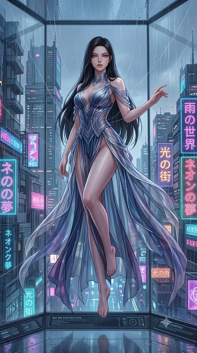 score_9, masterpiece, best quality, ultra-detailed, High-budget Anime Keyframe, East Asian woman. Low angle cowboy shot filling the entire 9:16 frame with her statuesque presence. Scenario 358: suspended by invisible silk threads inside a minimalist 