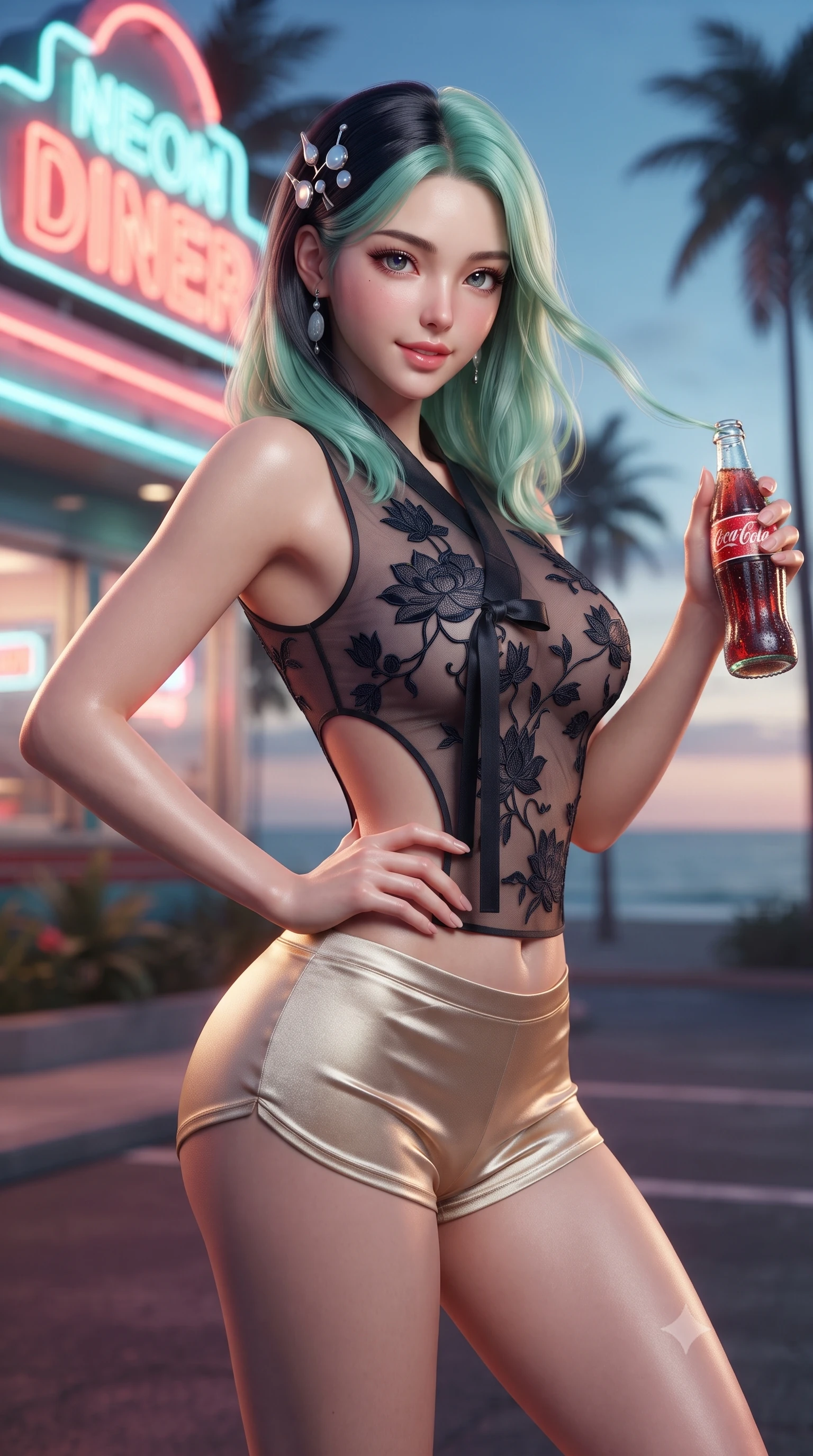 score_9, masterpiece, best quality, ultra-detailed, high-budget anime keyframe, editorial fashion photography, tasteful artistic composition, Japanese woman. close-up cowboy shot from the waist and thighs up, the character dominates the composition, filling the frame with her large presence. twisting her slender torso in an alluring contrapposto stance, one hand resting on her sculpted hip while her fingers toy with her hair with effortless poise while standing poised beside the diner's glowing neon sign with hips cocked back, holding a glass bottle soda with an intoxicating smile. The background shows a soft-focus the retro neon-lit diner facade, palm tree silhouettes, and Pacific Ocean horizon blurred into strawberry, turquoise, and gold bokeh. She has an exceptionally elegant, slender, and willowy female figure with an ultra-slim waist, flat toned midriff, narrow ribcage, and sculpted feminine hips creating an alluring, slim hourglass silhouette without bulk. sharp v-shaped jawline, high-bridge nose, sparkling eyes with hypnotic seductive depth, thick curled eyelashes, glossy parted lips with a natural dewy peach sheen, alluring bedroom-eyes with an enchanting coquettish smile, exuding magnetic siren charisma and sophisticated glamour, flawlessly proportioned anatomical accuracy, strict slender model proportions, natural body alignment, perfectly sculpted long slender limbs, ultra-slim waistline, clean dynamic posture without body distortion. wearing a form-contouring sheer organza hanbok bodice with delicate lotus embroidery paired with low-rise silk hot-pants in midnight obsidian black and shimmering liquid champagne gold, woven from stretch metallic lurex jersey casting radiant starlight glints across her silhouette, finished with delicate mother-of-pearl hairpin ornaments glinting in her dark glossy hair, the precision-cut side openings and low-back scoop framing her graceful spine and the sensual sweep of her slim, toned hips. bathed in the glowing neon illumination of the diner sign mixed with twilight coastal sky fill. ultra-reflective glossy finish, specular highlights, rich textural contrasts, high-contrast stereoscopic depth, volumetric dynamic lighting, 2k, ultra detail, master piece, 9:16 ratio