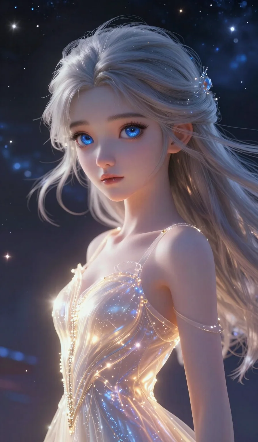 score_9, masterpiece, best quality, ultra-detailed, highend animation keyframe, an incredibly beautiful ethereal Caucasian woman with flawless pale skin (strictly human ears). Close-up portrait filling more than half of the frame. She is a star-child born from a dying star, her touch turning everything into stardust. She has an absolutely perfect petite and compact proportion, a petite female figure with a delicate skinny figure and fragile aesthetic. Her face is a highly detailed masterpiece featuring a v-shaped jawline, high-bridge nose, intricate sapphire-like eyes, thick eyelashes, and glossy lips. She has silver flowing hair like a cosmic cloud. She is wearing a sheer fabric dress that glows with inner light, highlighting her alluring silhouette. Cosmic explosion and starfield background, dramatic rim lighting, radiant glowing skin, cinematic dynamic light, 2k, ultra detail, master piece, 3:4 ratio