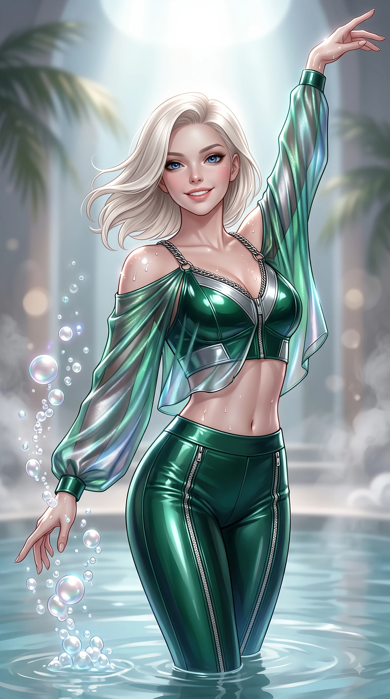 score_9, masterpiece, best quality, ultra-detailed, high-budget anime keyframe, editorial fashion photography, tasteful artistic composition, Caucasian woman. close-up cowboy shot from the waist and thighs up, the character dominates the composition, filling the frame with her large presence, background elements kept in soft focus. Extending one arm in an elegant stretch toward the light while smiling with magnetic self-assurance while reaching one arm gently toward the water surface as bioluminescent bubbles cast pearl highlights, water droplets glistening on her skin and clothing with brilliant specular highlights. She has an exceptionally elegant, slender, and willowy female figure with an ultra-slim waist, a gracefully sculpted slender torso, and a refined silhouette. sharp v-shaped jawline, high-bridge nose, intricate jewel-like eyes with depth, thick eyelashes, glossy lips with a natural sheen, flawlessly proportioned anatomical accuracy, natural body alignment, perfectly sculpted elegant limbs, clean dynamic posture without body distortion. wearing a glossy vinyl crop top and high-waist tailored leggings with sleek zippers in deep emerald green and silver accent, crafted from iridescent chiffon that shifts colors in the light, adorned with delicate metallic chain straps along the neckline, the form-contouring material highlighting her ultra-slim waist and long lines. surrounded by a tranquil, spa-like aura with bright specular rim lights. ultra-reflective glossy finish, specular highlights, metallic sheen, high-contrast stereoscopic depth, volumetric dynamic lighting, 2k, ultra detail, master piece, 9:16 ratio