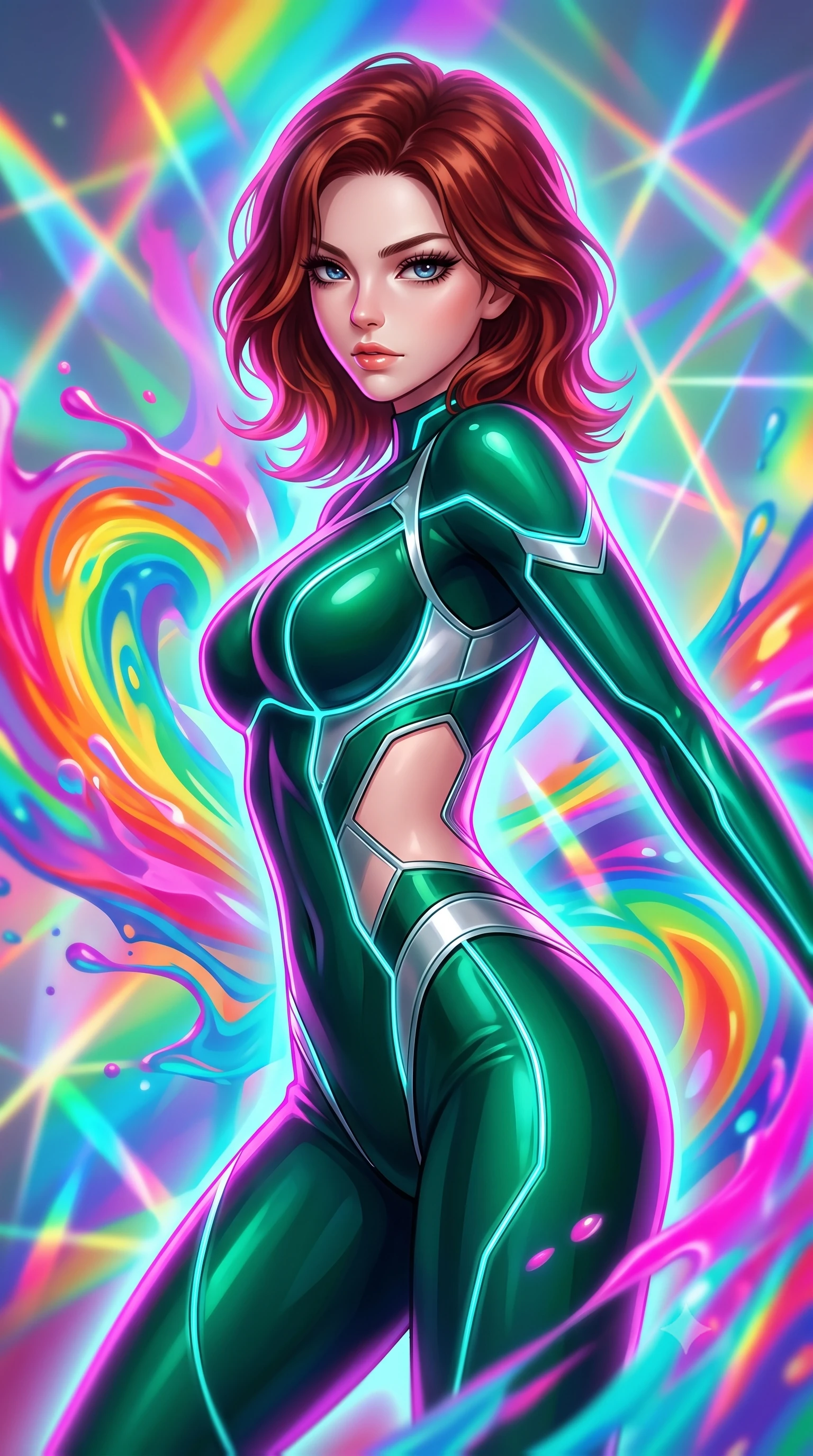 score_9, masterpiece, best quality, ultra-detailed, high-budget anime keyframe, editorial fashion photography, tasteful artistic composition, Korean woman. close-up cowboy shot from the waist and thighs up, the character dominates the composition, filling the frame with her large presence, background elements kept in soft focus. Pivoting sharply while looking back over her shoulder with heavy lashes and a confident, intense gaze while performing a dynamic mid-air rotation amidst swirling rainbow liquid acrylic splashes, a kaleidoscope of refractions forming geometric laser patterns across her form. She has an exceptionally elegant, slender, and willowy female figure with an ultra-slim waist, a gracefully sculpted slender torso, and a refined silhouette. sharp v-shaped jawline, high-bridge nose, intricate jewel-like eyes with depth, thick eyelashes, glossy lips with a natural sheen, flawlessly proportioned anatomical accuracy, natural body alignment, perfectly sculpted elegant limbs, clean dynamic posture without body distortion. wearing a skin-tight cybernetic bodysuit with glowing neon seams and side cutouts in deep emerald green and silver accent, formed from sleek second-skin neoprene, featuring subtle geometric cutouts that highlight her ultra-slim midriff, the form-contouring material highlighting her ultra-slim waist and long lines. surrounded by a radiant aura of neon magenta and turquoise fluid highlights. highly saturated vibrant anime colors, detailed shading with soft gradients, rich glossy textures, high-contrast stereoscopic depth, volumetric dynamic lighting, master piece, 9:16 ratio