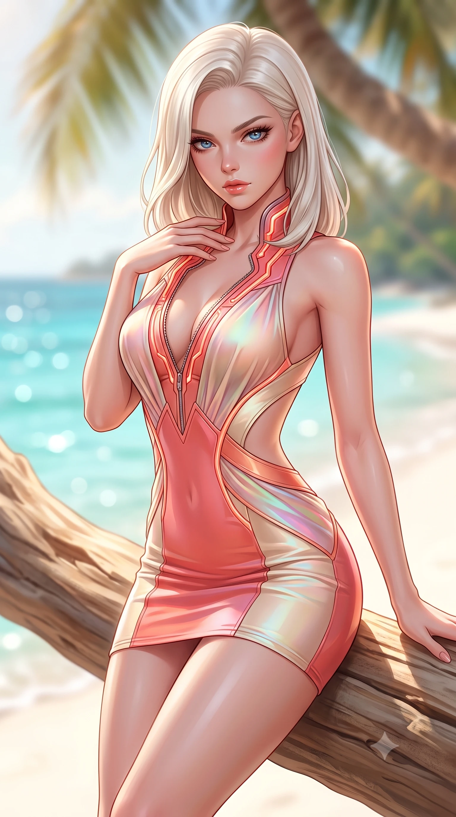score_9, masterpiece, best quality, ultra-detailed, high-budget anime keyframe, semi-realistic 3D game render, editorial fashion photography, tasteful artistic composition, Caucasian woman. close-up cowboy shot from the waist and thighs up, the character dominates the composition, filling the frame with her large presence. leaning forward with a dangerous, enticing smolder, resting one hand near her collarbone while casting a fiery, magnetic direct gaze while arching her back gracefully on a sun-warmed driftwood branch with the sparkling coral sea stretching behind. The composition keeps background elements in soft focus with creamy bokeh. crystal-clear turquoise waters and soft white sands blurred into radiant, creamy ocean bokeh. She has an exceptionally elegant, slender, and willowy female figure with an ultra-slim waist, a gracefully sculpted slender torso, toned flat midriff, and a refined slim silhouette. sharp v-shaped jawline, high-bridge nose, intricate jewel-like eyes with depth, thick eyelashes, glossy lips with a natural sheen, flawlessly proportioned anatomical accuracy, strict slender model proportions, natural body alignment, perfectly sculpted long slender limbs, ultra-slim waistline, clean dynamic posture without body distortion. wearing a second-skin fashion-latex mini dress with a clean architectural front, featuring an open-back design that wraps around the sides of her waist, showcasing her slender silhouette in radiant coral pink and champagne ivory, made of smooth iridescent silk chiffon that shifts colors with movement, featuring a dangerously unzipped neckline framed by glowing cybernetic accents, the glove-like aerodynamic second-skin fit tightly clinging to her ultra-slender waist and athletic curves without adding bulk, accentuating her razor-sharp statuesque lines and slim hourglass silhouette. surrounded by a fresh, sun-soaked, and breathtakingly sensual tropical paradise ambiance. highly saturated vibrant anime colors, detailed shading with soft gradients, rich glossy textures, high-contrast stereoscopic depth, volumetric dynamic lighting, master piece, 9:16 ratio