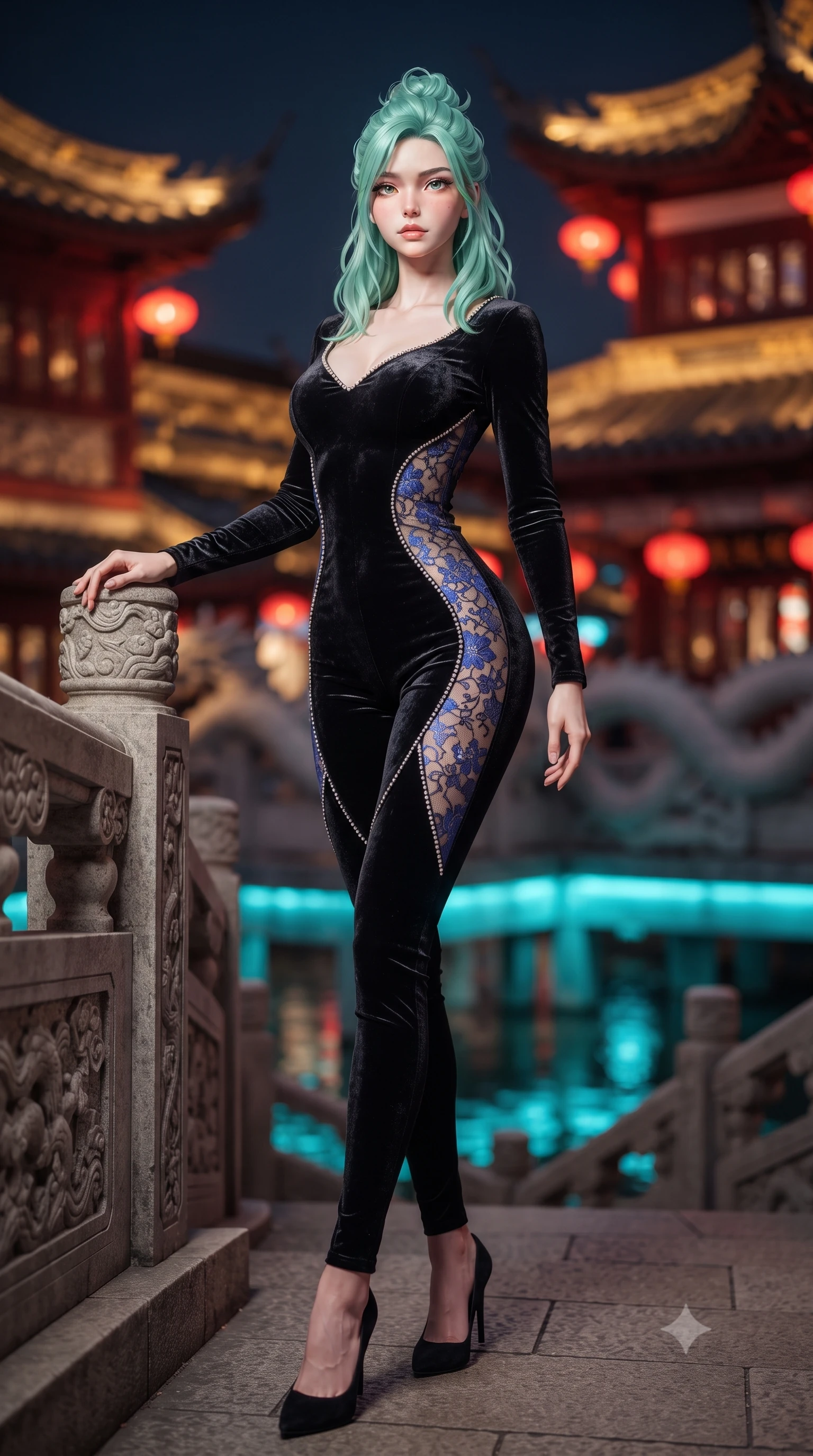 score_9, masterpiece, best quality, ultra-detailed, high-budget anime keyframe, editorial fashion photography, tasteful artistic composition, Japanese woman. low angle full-body shot from head to toe showing her feet, filling the entire 9:16 vertical frame with her statuesque presence, stretching her vertical silhouette. standing in a tall, confident posture with one hand on the carved palace railing, stretching her statuesque body as she arches her lower back to emphasize her sculpted feminine hips and slender waist while standing centered on the historic Nine-Turn zigzag stone bridge, arching her back with high-fashion poise as glowing dragon wall eaves frame the water. The background shows a soft-focus sweeping upturned pagoda roofs with carved undulating dragon walls blurred into rich vermilion, imperial gold, and midnight blue bokeh. She has an absolutely perfect, statuesque 8.5-heads proportion, an exceptionally tall and slender model-like female figure with impossibly long slender legs, an ultra-slim waist, a flat toned midriff, narrow delicate ribcage, and beautifully sculpted feminine hips creating a graceful, slim hourglass silhouette without any bulky heaviness. sharp v-shaped jawline, high-bridge nose, intricate jewel-like dark sparkling almond eyes with depth, thick lashes, glossy parted lips with a natural rose-plum sheen, bright alluring and coquettish smile with bedroom-eyes, exuding both timeless oriental elegance and sovereign high-fashion allure, flawlessly proportioned anatomical accuracy, strict slender model proportions, natural body alignment, perfectly sculpted long slender limbs, ultra-slim waistline, clean dynamic posture without body distortion. wearing a second-skin black silk jersey catsuit with delicate oriental floral lace panels along the ribs and thighs in royal cobalt blue and starlight platinum, crafted from sumptuous crushed winter velvet with deep light-absorbing plushness, finished with subtle crystal rhinestones tracing the elegant neckline, the form-contouring cut accentuating her sculpted flat midriff, narrow delicate ribcage, and gracefully curvy hips with regal oriental supermodel elegance. bathed in vibrant red lantern warmth and cool electric cyan water reflections. ultra-reflective glossy finish, specular highlights, rich textural contrasts, high-contrast stereoscopic depth, volumetric dynamic lighting, 2k, ultra detail, master piece, 9:16 ratio