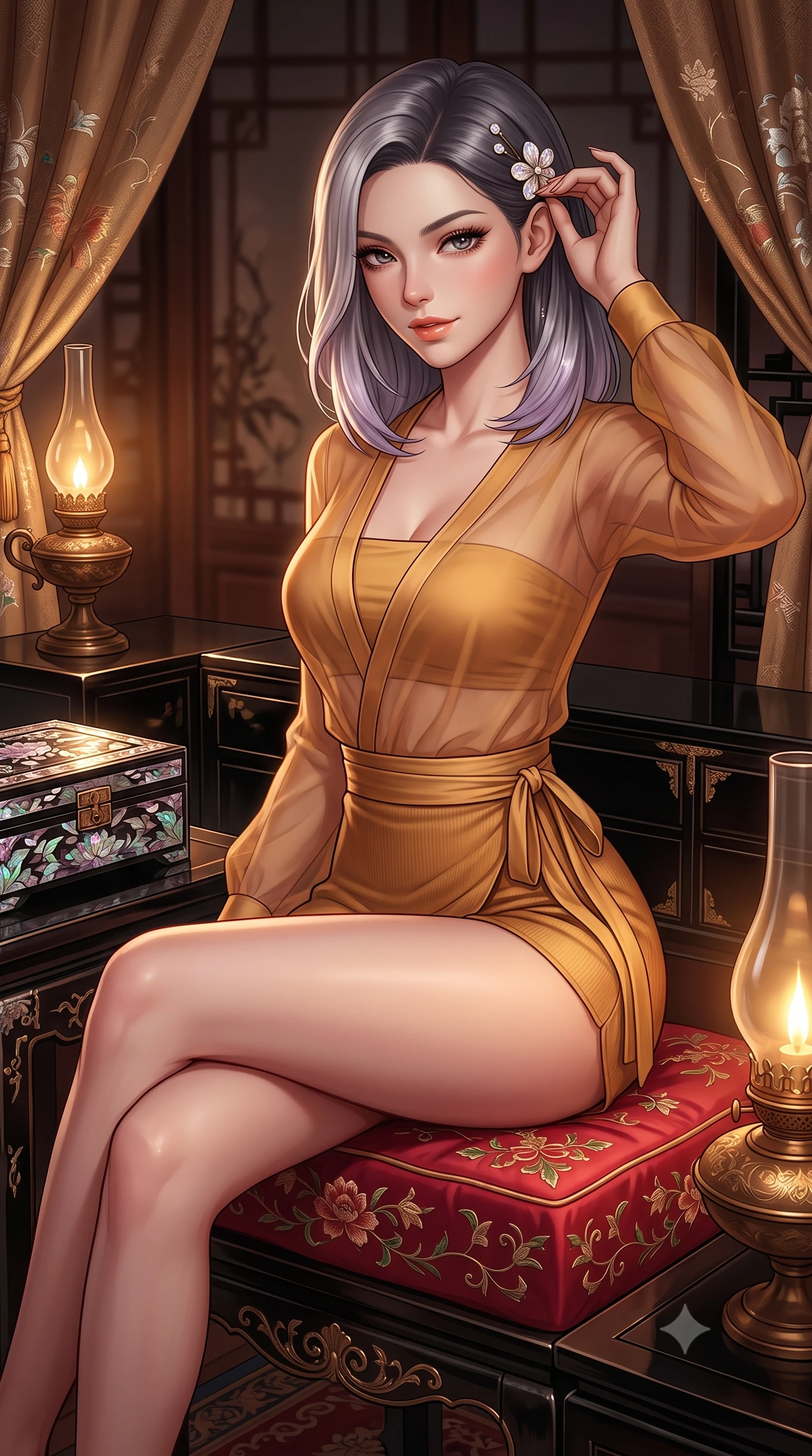 score_9, masterpiece, best quality, ultra-detailed, high-budget anime keyframe, semi-realistic 3D game render, editorial fashion photography, tasteful artistic composition, Caucasian woman. close-up cowboy shot from the waist and thighs up, the character dominates the composition, filling the frame with her large presence. perched sideways on the lounge seat, one knee drawn up to showcase her slender leg line while her arched back accentuates her feminine hip curve while sitting perched gracefully on an embroidered red silk hassock, one hand adjusting her hairpin with sovereign high-society allure. The surrounding environment is rendered in vivid detail and crisp panoramic clarity: sharp iridescent mother-of-pearl inlay facets, high-gloss black lacquer reflections, and fine silk embroidery in deep focus. She has an exceptionally elegant, slender, and willowy female figure with an ultra-slim waist, flat toned midriff, narrow ribcage, and sculpted feminine hips creating an alluring, slim hourglass silhouette without bulk. sharp v-shaped jawline, high-bridge nose, sparkling eyes with hypnotic seductive depth, thick curled eyelashes, glossy parted lips with a natural dewy peach sheen, alluring bedroom-eyes with an enchanting coquettish smile, exuding magnetic siren charisma and sophisticated glamour, flawlessly proportioned anatomical accuracy, strict slender model proportions, natural body alignment, perfectly sculpted long slender limbs, ultra-slim waistline, clean dynamic posture without body distortion. wearing a deep V-neck sheer gossamer hanbok blouse layered over an opaque silk bandeau and high-waisted wrap shorts in warm amber honey and antique gold leaf, tailored from fine ribbed modal knit with gentle elastic contouring and soft hand-feel, finished with delicate mother-of-pearl hairpin ornaments glinting in her dark glossy hair, the second-skin tailored fabric adhering flawlessly to her sculpted flat midriff and slender torso, emphasizing her long leg lines and perfectly proportioned willowy build. bathed in soft moody amber chiaroscuro lighting spilling from ornate bronze oil lamps. highly saturated vibrant anime colors, detailed shading with soft gradients, rich glossy textures, high-contrast stereoscopic depth, volumetric dynamic lighting, master piece, 9:16 ratio