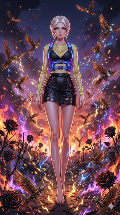 score_9, masterpiece, best quality, ultra-detailed, Set A: High-budget Anime Keyframe, Caucasian (strictly human ears) woman. Low angle cowboy shot filling the entire 9:16 frame with her statuesque presence. Standing victoriously through a burning ro