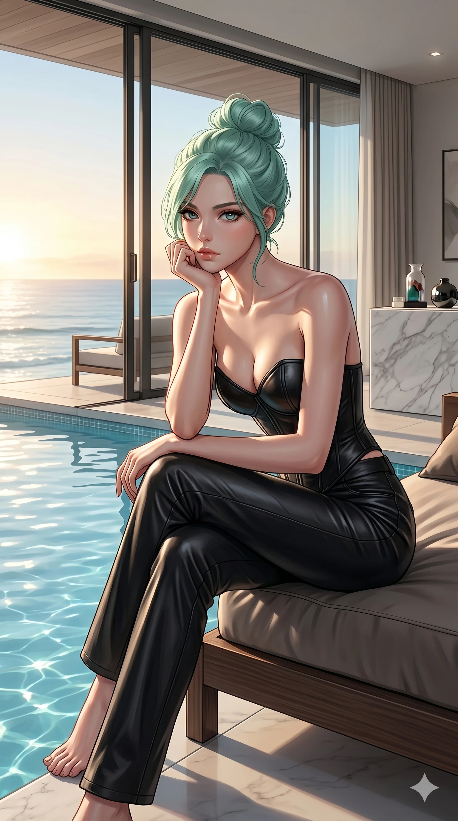 score_9, masterpiece, best quality, ultra-detailed, high-budget anime keyframe, editorial fashion photography, tasteful artistic composition, Japanese woman. cowboy shot from the thighs up, character and outfit filling the frame for maximum editorial presence. sitting near the pool, resting her chin on her hand inside a beachside penthouse suite with large open glass doors (Code-P19-179). She has an absolutely perfect 8-heads proportion, an exceptionally tall and slender female figure with impossibly long slender legs and an ultra-slim waist. V-shaped jawline, high-bridge nose, intricate jewel-like eyes with depth, thick eyelashes, glossy lips with a natural sheen. wearing a leather corset with sweetheart neckline revealing her cleavage. drenched in soft morning sunshine, tracing her bare shoulders and clavicle lines. 2k, ultra detail, master piece, 9:16 ratio