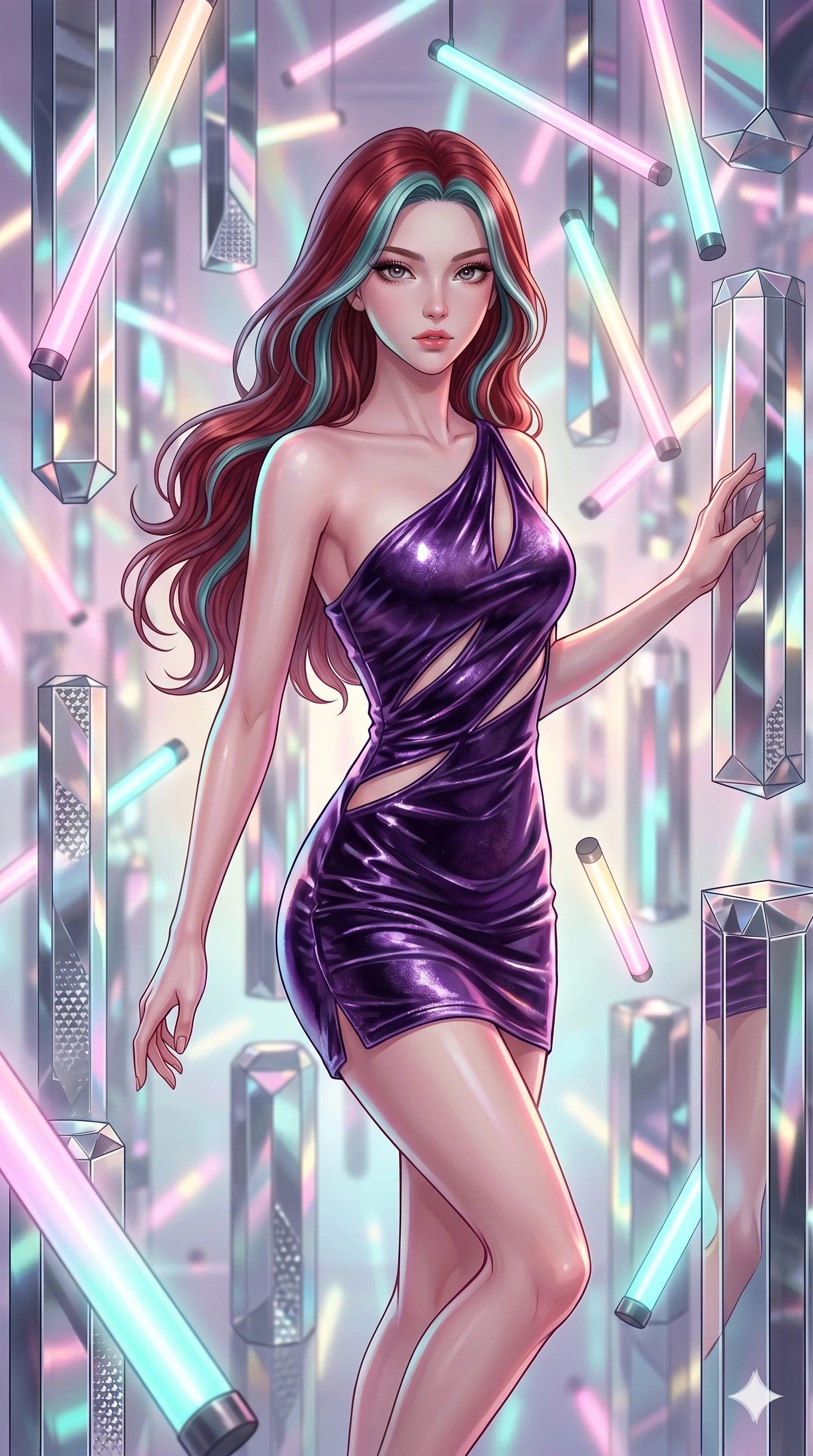 score_9, masterpiece, best quality, ultra-detailed, high-budget anime keyframe, Caucasian woman, strictly human ears. upper body close-up from the thighs up, character filling the screen for maximum presence. navigating a kinetic light-sculpture mirror maze, passing between floating chromium mirror pillars and rotating LED sticks. She has an absolutely perfect 8-heads proportion, an exceptionally tall and slender female figure with impossibly long slender legs and an ultra-slim waist. V-shaped jawline, high-bridge nose, intricate jewel-like eyes with depth, thick eyelashes, glossy lips with a natural sheen.. wearing an asymmetric liquid velvet slip dress, featuring a wet-look deep purple velvet one-shoulder mini slip with slanted slashed cutouts. enhanced by a luminous pastel spectrum glow, casting elegant rim lights on her shoulders and jawline. 2k, ultra detail, master piece, 9:16 ratio