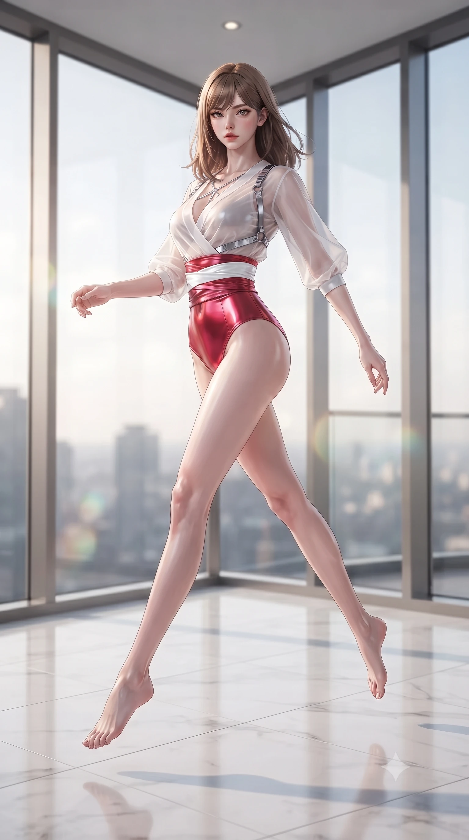 score_9, masterpiece, best quality, ultra-detailed, high-budget anime keyframe, editorial fashion photography, tasteful artistic composition, Korean woman. low angle full-body shot from head to toe showing her feet, filling the entire 9:16 vertical frame with her statuesque presence, stretching her vertical silhouette. performing an alluring mid-air vault with flawless poise, looking directly into the camera with smoldering intensity while striding gracefully across a polished white marble penthouse floor under soaring floor-to-ceiling glass windows. The composition keeps background elements in soft focus with creamy bokeh. streaming daylight creating soft, glowing ambient refractions across the background. She has an absolutely perfect, statuesque 8.5-heads proportion, an exceptionally tall and slender model-like female figure with impossibly long slender legs, a toned flat midriff, and an ultra-slim waist. sharp v-shaped jawline, high-bridge nose, intricate jewel-like eyes with depth, thick eyelashes, glossy lips with a natural sheen, flawlessly proportioned anatomical accuracy, strict slender model proportions, natural body alignment, perfectly sculpted long slender limbs, ultra-slim waistline, clean dynamic posture without body distortion. wearing a shortened cyber-fusion wrap top with transparent chiffon panels, a deep crossover neckline, and a high-waisted metallic sash that accentuates her ultra-slim waist in radiant crimson silk and crisp snow white, made of liquid metal jersey that clings flawlessly to every contour of her build, reinforced by a sleek metallic chrome harness and delicate glowing micro-straps, the sleek second-skin cut tightly hugging her graceful clavicle, narrow waist, and feminine curves with athletic precision. illuminated by crisp white studio key light with specular chrome and marble reflections. ultra-reflective glossy finish, specular highlights, metallic sheen, high-contrast stereoscopic depth, volumetric dynamic lighting, 2k, ultra detail, master piece, 9:16 ratio