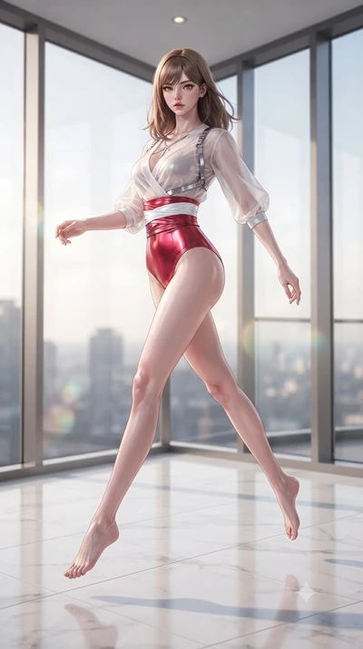 score_9, masterpiece, best quality, ultra-detailed, high-budget anime keyframe, editorial fashion photography, tasteful artistic composition, Korean woman. low angle full-body shot from head to toe showing her feet, filling the entire 9:16 vertical f
