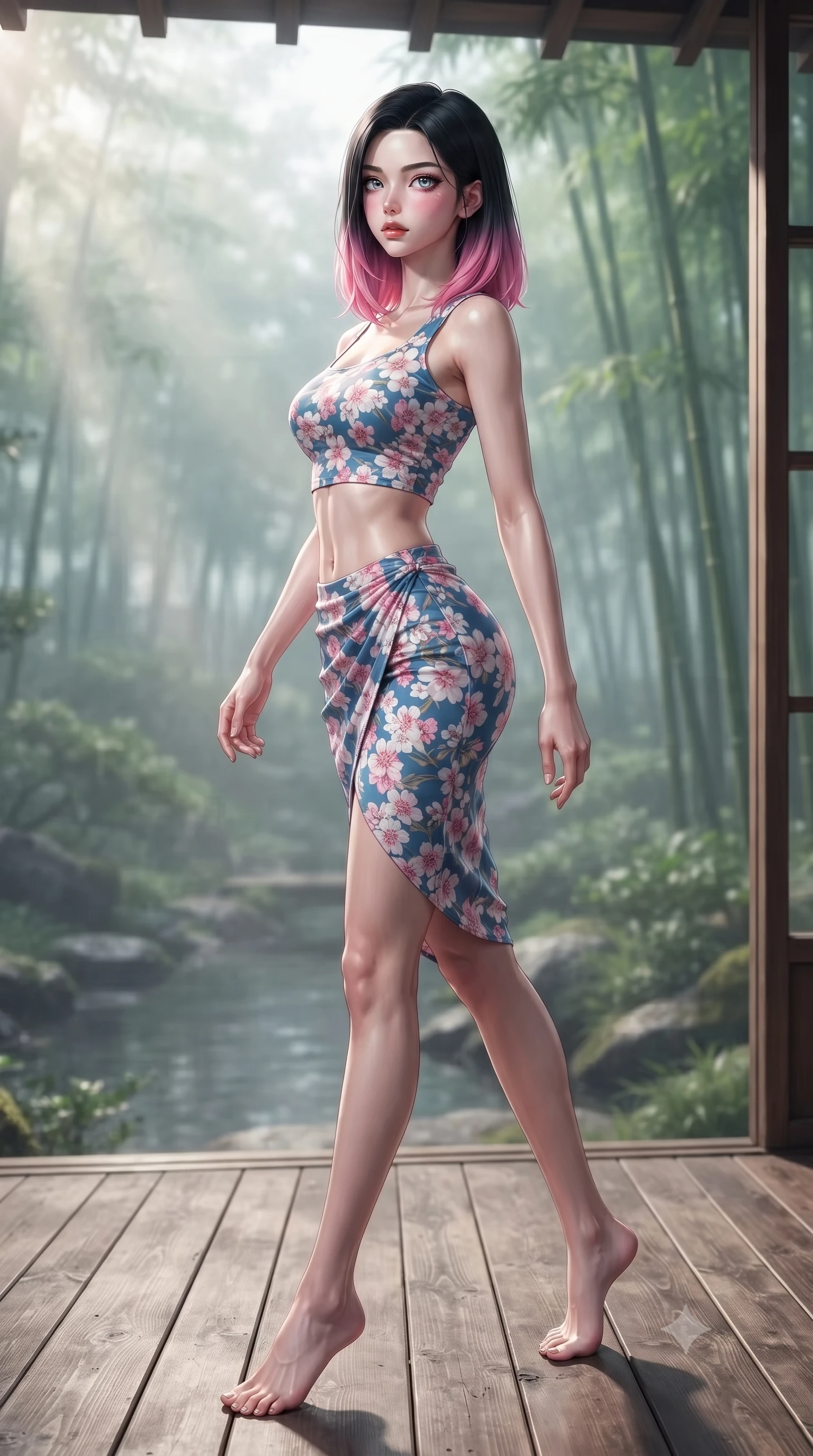 score_9, masterpiece, best quality, ultra-detailed, high-budget anime keyframe, editorial fashion photography, tasteful artistic composition, Korean woman woman. low angle full-body shot from head to toe showing her feet, filling the entire 9:16 vertical frame with her statuesque presence, stretching her vertical silhouette. stepping gracefully while looking back over her shoulder, her dress draped tightly to reveal her silhouette the background shows a soft-focus a wooden deck of a traditional Japanese inn overlooking a quiet stream and bamboo grove. She has an absolutely perfect, statuesque 8.5-heads proportion, an exceptionally tall and slender model-like female figure with impossibly long slender legs and an ultra-slim waist. sharp v-shaped jawline, high-bridge nose, intricate jewel-like eyes with depth, thick eyelashes, glossy lips with a natural sheen. wearing a body-hugging summer vacation crop top and wrap skirt set in floral print cotton, showing her slim waist. soft morning mist diffusing the sunlight, creating a tranquil atmosphere. ultra-reflective glossy finish, specular highlights, metallic sheen, high-contrast stereoscopic depth, volumetric dynamic lighting, 2k, ultra detail, master piece, 9:16 ratio