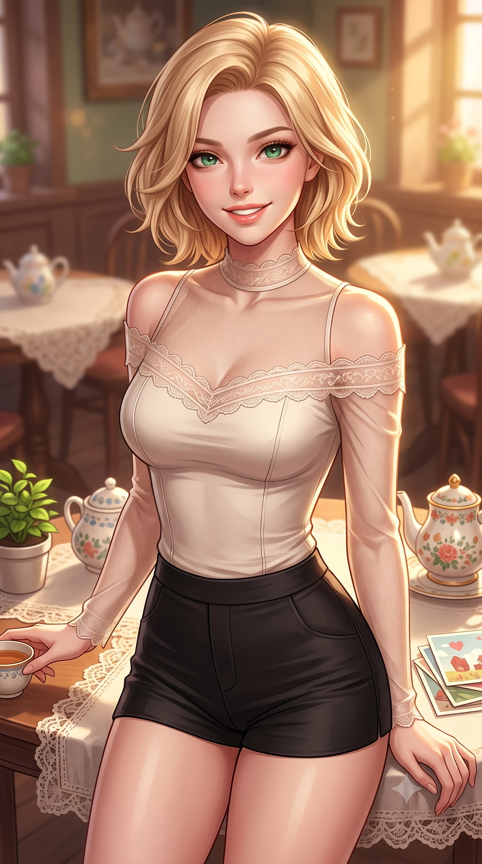 score_9, masterpiece, best quality, ultra-detailed, high-budget anime keyframe, editorial fashion photography, tasteful artistic composition, Caucasian woman. close-up cowboy shot from the waist and thighs up, the character dominates the composition, filling the frame with her large presence, background elements kept in soft focus. smiling warmly with a soft, affectionate expression, making cute eye contact set against a soft-focus background of in a charming retro tea room with lace table runners and ceramic teapots with a small green plant and a stack of cute design postcards on the table. She has an exceptionally elegant, slender, and willowy female figure with an ultra-slim waist, a gracefully sculpted slender torso, and a refined silhouette. sharp v-shaped jawline, high-bridge nose, intricate jewel-like eyes with depth, thick eyelashes, glossy lips with a natural sheen. wearing tailored delicate lace-trim off-shoulder blouse paired with a sheer mesh overlay and form-contouring mini shorts. warm golden lighting creating a cozy, relaxing weekend mood. highly saturated vibrant anime colors, detailed shading with soft gradients, rich glossy textures, high-contrast stereoscopic depth, volumetric dynamic lighting, master piece, 9:16 ratio