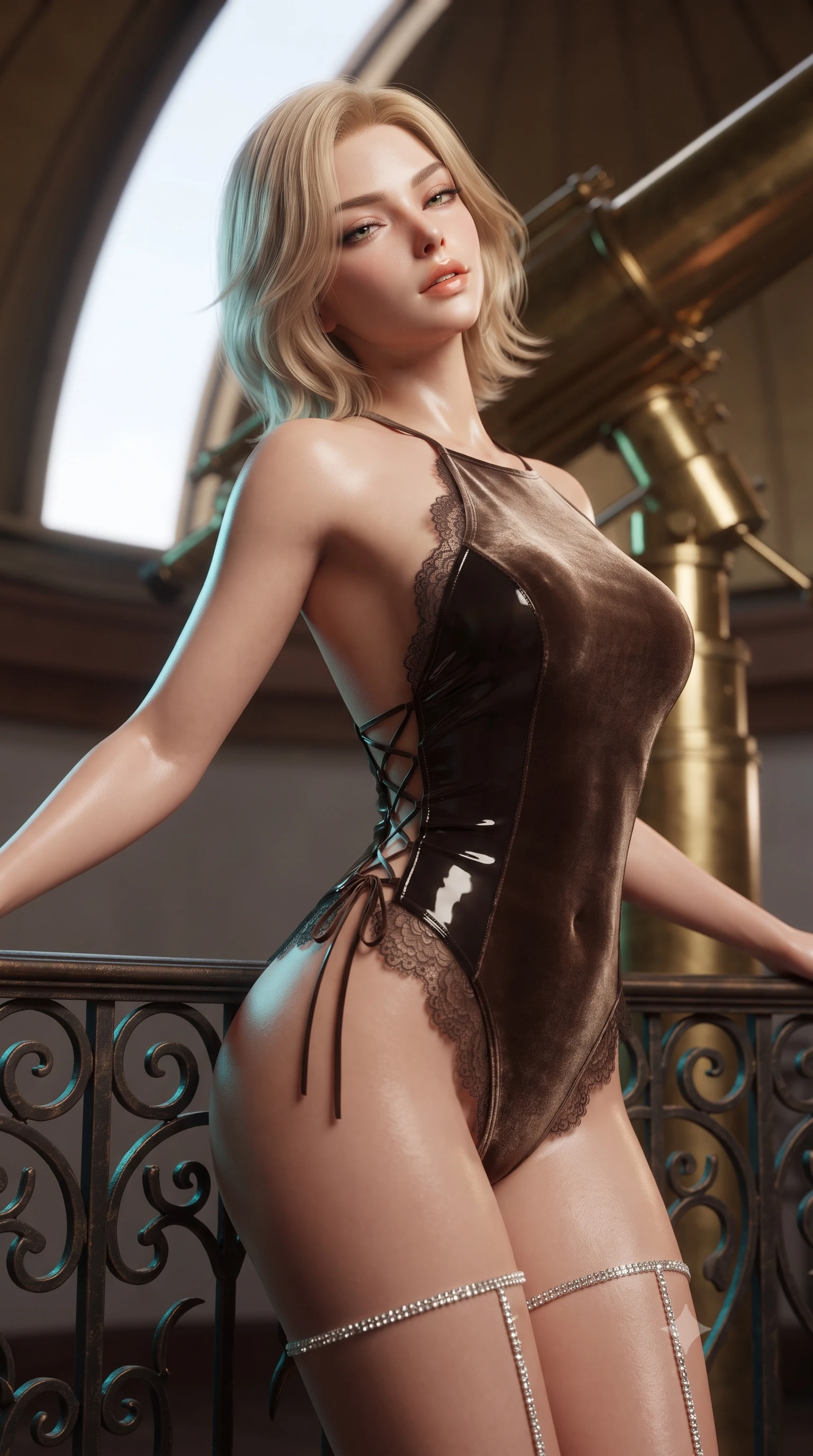 score_9, masterpiece, best quality, ultra-detailed, high-budget anime keyframe, editorial fashion photography, tasteful artistic composition, Caucasian woman. close-up cowboy shot from the waist and thighs up, the character dominates the composition, filling the frame with her large presence. leaning back against the balustrade with relaxed seductive grace, head tilted back slightly while casting a hypnotic, heavy-lidded gaze while standing beside the monumental brass telescope beneath the open dome slit, arching her spine with breathtaking celestial allure. The background shows a soft-focus dome slit mechanism softened in mystical high-altitude shallow focus. She has an exceptionally elegant, slender, and willowy female figure with an ultra-slim waist, flat toned midriff, narrow ribcage, and sculpted feminine hips creating an alluring, slim hourglass silhouette without bulk. sharp v-shaped jawline, high-bridge nose, sparkling eyes with hypnotic seductive depth, thick curled eyelashes, glossy parted lips with a natural dewy peach sheen, alluring bedroom-eyes with an enchanting coquettish smile, exuding magnetic siren charisma and sophisticated glamour, flawlessly proportioned anatomical accuracy, strict slender model proportions, natural body alignment, perfectly sculpted long slender limbs, ultra-slim waistline, clean dynamic posture without body distortion. wearing a slinky backless halterneck velvet leotard with scalloped eyelash lace hems and sheer lace-up side ties in sultry espresso bronze and metallic copper with velvet sheen, crafted from wet-look high-gloss vinyl fabric with dazzling specular surface reflections, finished with delicate crystal-encrusted thigh garter straps glinting under the lights, the high-slit wrap tailoring accentuating her ultra-slim waistline and the enchanting curve of her feminine hips with alluring seductive charm. illuminated by brass tube specular highlights and sharp cyan-magenta rim lights defining her delicate clavicles, ultra-slim waist, and curvy hips. ultra-reflective glossy finish, specular highlights, rich textural contrasts, high-contrast stereoscopic depth, volumetric dynamic lighting, 2k, ultra detail, master piece, 9:16 ratio