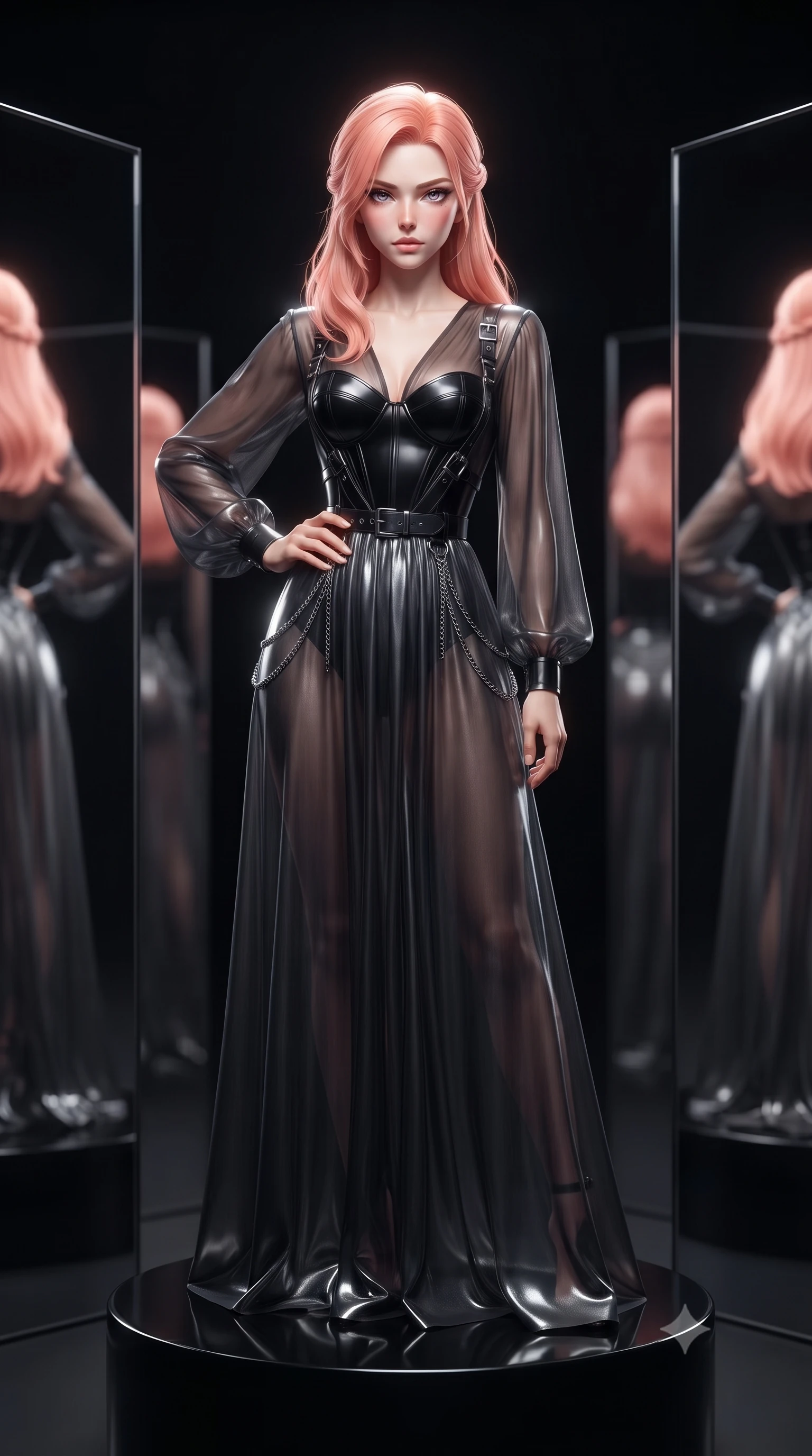 score_9, masterpiece, best quality, ultra-detailed, high-budget anime keyframe, editorial fashion photography, tasteful artistic composition, Japanese woman. close-up cowboy shot from the waist and thighs up, the character dominates the composition, filling the frame with her large presence, background elements kept in soft focus. Holding a confident power pose with one hand on her hip, poised on a dark obsidian pedestal surrounded by rotating geometric glass panels, high-contrast black-and-silver reflections dancing across mirror surfaces. She has an exceptionally elegant, slender, and willowy female figure with an ultra-slim waist, a gracefully sculpted slender torso, and a refined silhouette. sharp v-shaped jawline, high-bridge nose, intricate jewel-like eyes with depth, thick eyelashes, glossy lips with a natural sheen. wearing semi-opaque sheer dark chiffon gown revealing structured bodice silhouette in pitch-black onyx, made of liquid dark mercury jersey, framed by dark titanium buckles and silver chain details, contouring every curve with an exceptionally elegant silhouette. surrounded by a dramatic dark prismatic rim light aura. ultra-reflective glossy finish, specular highlights, metallic sheen, high-contrast stereoscopic depth, volumetric dynamic lighting, 2k, ultra detail, master piece, 9:16 ratio