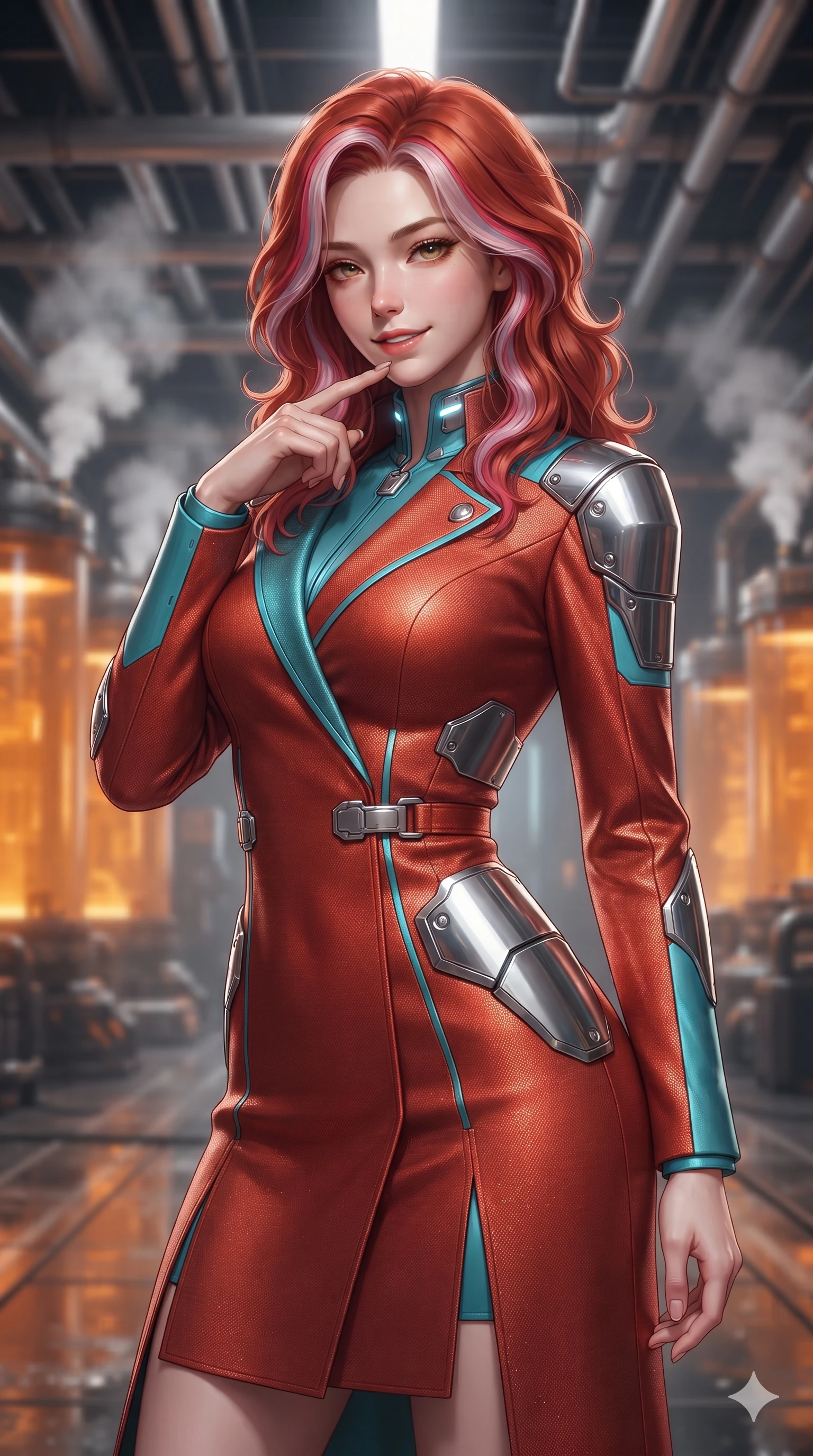 score_9, masterpiece, best quality, ultra-detailed, high-budget anime keyframe, editorial fashion photography, tasteful artistic composition, Caucasian woman. close-up cowboy shot from the waist and thighs up, the character dominates the composition, filling the frame with her large presence. tilting her head with a teasing half-smile, running one finger slowly along her glowing comm-link collar in a flirtatious gesture while twisting her slender torso in an alluring S-curve, amber coolant reflections and overhead strobe lights tracing her flat midriff and hourglass curves. The background shows a soft-focus towering amber coolant fluid cylinders, criss-crossing overhead piping networks, and venting white steam plumes blurred into amber, cream, and charcoal bokeh. She has an exceptionally elegant, slender, and willowy female figure with an ultra-slim waist, flat toned midriff, narrow ribcage, and sculpted feminine hips creating an alluring, slim hourglass silhouette without bulk. sharp v-shaped jawline, high-bridge nose, intricate jewel-like sparkling eyes with depth, thick eyelashes, glossy parted lips with a natural sheen, bright confident smile with an enchanting and coquettish sensual glint, exuding both youthful magnetic charm and sovereign high-tech allure, flawlessly proportioned anatomical accuracy, strict slender model proportions, natural body alignment, perfectly sculpted long slender limbs, ultra-slim waistline, clean dynamic posture without body distortion. wearing a prestigious diplomatic high-neck sci-fi senate coat dress in structured nano-wool with polished titanium clasp hardware in cyber-shinto vermilion and laser turquoise, woven from high-density tech-wool with subtle metallic thread weave, accented with strategically placed chrome armor plate guards covering key curves, the impeccably tailored cut draping gracefully along her slender figure with aristocratic poise. illuminated by floor puddle reflections and sharp amber-white rim lights carving her sculpted collarbones, ultra-slim waist, and curvy hips. ultra-reflective glossy finish, specular highlights, rich textural contrasts, high-contrast stereoscopic depth, volumetric dynamic lighting, 2k, ultra detail, master piece, 9:16 ratio