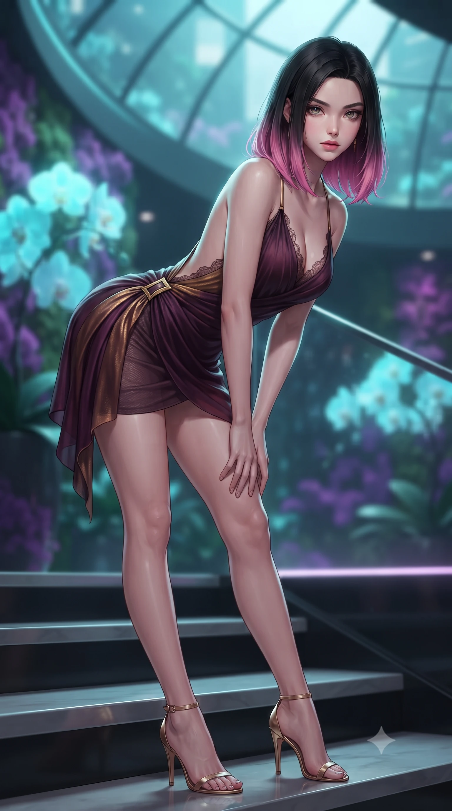score_9, masterpiece, best quality, ultra-detailed, high-budget anime keyframe, editorial fashion photography, tasteful artistic composition, Korean woman. close-up cowboy shot from the waist and thighs up, the character dominates the composition, filling the frame with her large presence. leaning forward while arching her lower back to accentuate her curvy hips, looking into the camera with an intoxicating smoldering gaze and bedroom-eyes while sitting on a catwalk stair tread with legs extended gracefully downward, displaying her impossibly long slender limbs with supermodel cool. The background shows a soft-focus glowing neon-cyan orchids, pulsating ultraviolet moss walls, and soaring curved glass dome above blurred into teal, amethyst, and platinum bokeh. She has an exceptionally elegant, slender, and willowy female figure with an ultra-slim waist, flat toned midriff, narrow ribcage, and sculpted feminine hips creating an alluring, slim hourglass silhouette without bulk. sharp v-shaped jawline, high-bridge nose, sparkling eyes with hypnotic seductive depth, thick curled eyelashes, glossy parted lips with a natural dewy peach sheen, alluring bedroom-eyes with an enchanting coquettish smile, exuding magnetic siren charisma and sophisticated glamour, flawlessly proportioned anatomical accuracy, strict slender model proportions, natural body alignment, perfectly sculpted long slender limbs, ultra-slim waistline, clean dynamic posture without body distortion. wearing a draped Greek-goddess style silk chiffon mini toga dress with an open back and golden hip fibula in rich dark plum violet and gilded bronze, made of semi-opaque stretch illusion mesh with soft shadowy contours, finished with scalloped eyelash lace trim framing her sweetheart neckline with intimate elegance, the liquid-tight tailored fabric clinging flawlessly to her narrow waist and rounded feminine hips, emphasizing every millimeter of her sculpted slim hourglass curves without any bulky heaviness. illuminated by acrylic catwalk reflection fill and sharp electric-cyan rim lights defining her delicate clavicles, ultra-slim waist, and curvy hips. ultra-reflective glossy finish, specular highlights, rich textural contrasts, high-contrast stereoscopic depth, volumetric dynamic lighting, 2k, ultra detail, master piece, 9:16 ratio