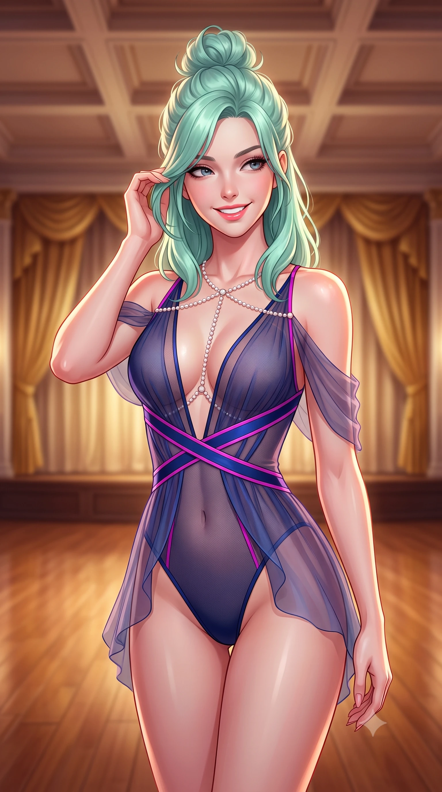 score_9, masterpiece, best quality, ultra-detailed, high-budget anime keyframe, semi-realistic 3D game render, editorial fashion photography, tasteful artistic composition, Japanese woman. close-up cowboy shot from the waist and thighs up, the character dominates the composition, filling the frame with her large presence. gently brushing a lock of hair behind her ear while casting a playful, flirtatious side-gaze with long eyelashes while standing centered on the mirror-polished teak ballroom floor beneath the soaring coffered ceiling, arching her spine with queenly supermodel charisma. The background shows a soft-focus heavy velvet stage curtains softened in aristocratic Shanghai golden age shallow focus. She has an exceptionally elegant, slender, and willowy female figure with an ultra-slim waist, flat toned midriff, narrow ribcage, and sculpted feminine hips creating an alluring, slim hourglass silhouette without bulk. sharp v-shaped jawline, high-bridge nose, intricate jewel-like sparkling eyes with depth, thick eyelashes, glossy parted lips with a natural peach sheen, bright cheerful beaming smile with an enchanting and coquettish sensual glint, exuding both youthful cute charm and seductive allure, flawlessly proportioned anatomical accuracy, strict slender model proportions, natural body alignment, perfectly sculpted long slender limbs, ultra-slim waistline, clean dynamic posture without body distortion. wearing a provocative plunging sheer micro-mesh leotard with criss-cross neon strap details across her flat midriff in Huangpu midnight sapphire and neon magenta, made of sheer gossamer chiffon that drapes softly against skin with airy translucence, accented with a pearl-drop body harness subtly framing her dewy collarbones and spine, the second-skin tailored fabric adhering flawlessly to her sculpted flat midriff and slender torso, emphasizing her long leg lines and perfectly proportioned willowy build. illuminated by polished floor specular bounce and sharp rose-gold rim lights defining her dewy collarbones, ultra-slim waist, and curvy hips. highly saturated vibrant anime colors, detailed shading with soft gradients, rich glossy textures, high-contrast stereoscopic depth, volumetric dynamic lighting, master piece, 9:16 ratio