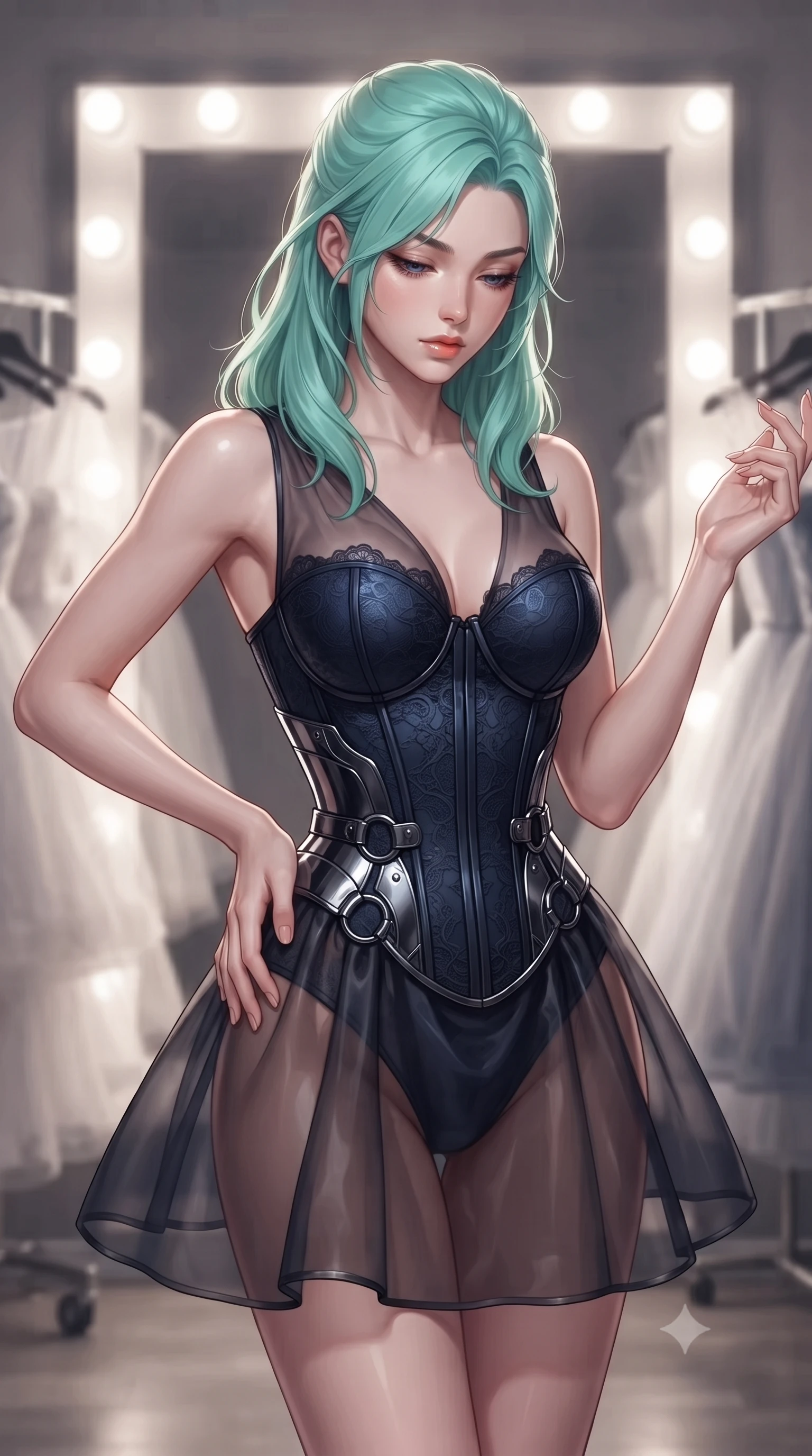 score_9, masterpiece, best quality, ultra-detailed, high-budget anime keyframe, editorial fashion photography, tasteful artistic composition, Japanese woman. close-up cowboy shot from the waist and thighs up, the character dominates the composition, filling the frame with her large presence, background elements kept in soft focus. Looking down with lowered lashes and a composed, powerful dark aura, poised before a giant Hollywood mirror surrounded by racks of floating organza gowns, magnetic power pose with one hand resting gracefully on her hip. She has an exceptionally elegant, slender, and willowy female figure with an ultra-slim waist, a gracefully sculpted slender torso, and a refined silhouette. sharp v-shaped jawline, high-bridge nose, intricate jewel-like eyes with depth, thick eyelashes, glossy lips with a natural sheen. wearing translucent dark organza mini dress over structured black lace corset in midnight navy blue, made of sculpted obsidian metallic chrome, trimmed with dark chrome ring hardware along the waist contours, following her slender form with tailored precision. lit by bright key rays highlighting her composed facial features. ultra-reflective glossy finish, specular highlights, metallic sheen, high-contrast stereoscopic depth, volumetric dynamic lighting, 2k, ultra detail, master piece, 9:16 ratio