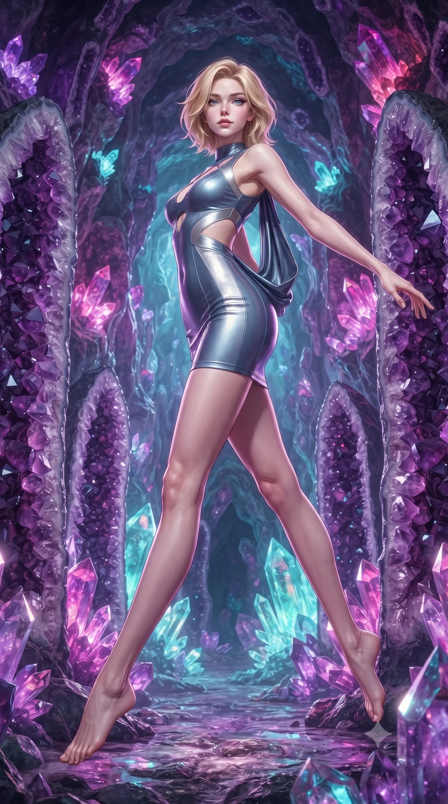 score_9, masterpiece, best quality, ultra-detailed, high-budget anime keyframe, editorial fashion photography, tasteful artistic composition, Caucasian woman. low angle full-body shot from head to toe showing her feet, filling the entire 9:16 vertical frame with her statuesque presence, stretching her vertical silhouette. leaping gracefully through the environment with statuesque elegance and long slender legs standing inside a breathtaking cavern lined with massive amethyst geode pillars, sharp crystalline reflections creating an opulent, jewel-like ambience. She has an absolutely perfect, statuesque 8.5-heads proportion, an exceptionally tall and slender model-like female figure with impossibly long slender legs and an ultra-slim waist. sharp v-shaped jawline, high-bridge nose, intricate jewel-like eyes with depth, thick eyelashes, glossy lips with a natural sheen. wearing a precision-fitted liquid jersey bodycon dress with a draped back in slate blue and metallic silver, formed from sleek second-skin neoprene, featuring subtle geometric cutouts that highlight her ultra-slim midriff, the form-contouring material highlighting her ultra-slim waist and long lines. illuminated by radiant purple, magenta, and cyan crystal inner glow. ultra-reflective glossy finish, specular highlights, metallic sheen, high-contrast stereoscopic depth, volumetric dynamic lighting, 2k, ultra detail, master piece, 9:16 ratio