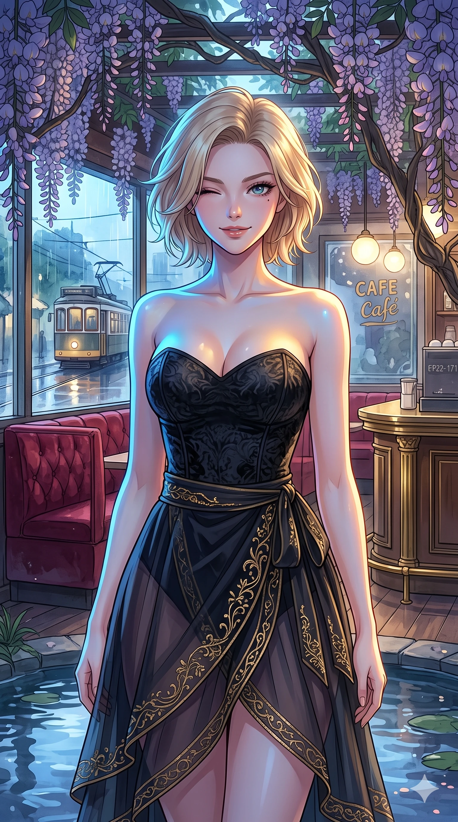 score_9, masterpiece, best quality, ultra-detailed, high-budget anime keyframe, vibrant anime aesthetic, Caucasian woman, strictly human ears. close-up cowboy shot from the waist and thighs up, the character dominates the composition, filling the frame with her large presence, background elements kept in soft focus. She is standing under wisteria vines, winking with a cheerful and lively face, looking directly into the lens with a captivating and confident presence. the background shows a soft-focus retro-themed cafe corner with plush velvet booths and a view of rain-slicked tram tracks outside (Code-P22-171). She has an absolutely perfect proportion, an exceptionally elegant and slender female figure with an ultra-slim waist. V-shaped jawline, high-bridge nose, intricate jewel-like eyes with depth, thick eyelashes, glossy lips with a natural sheen. wearing a structured textured bodice with a sweetheart neckline and a translucent chiffon wrap skirt in midnight black with gold embroidery. She is lit by vibrant twilight sky reflections, tracing her shoulders and neckline, outlining her elegant silhouette by the quiet garden pond. 2k, ultra detail, master piece, 9:16 ratio