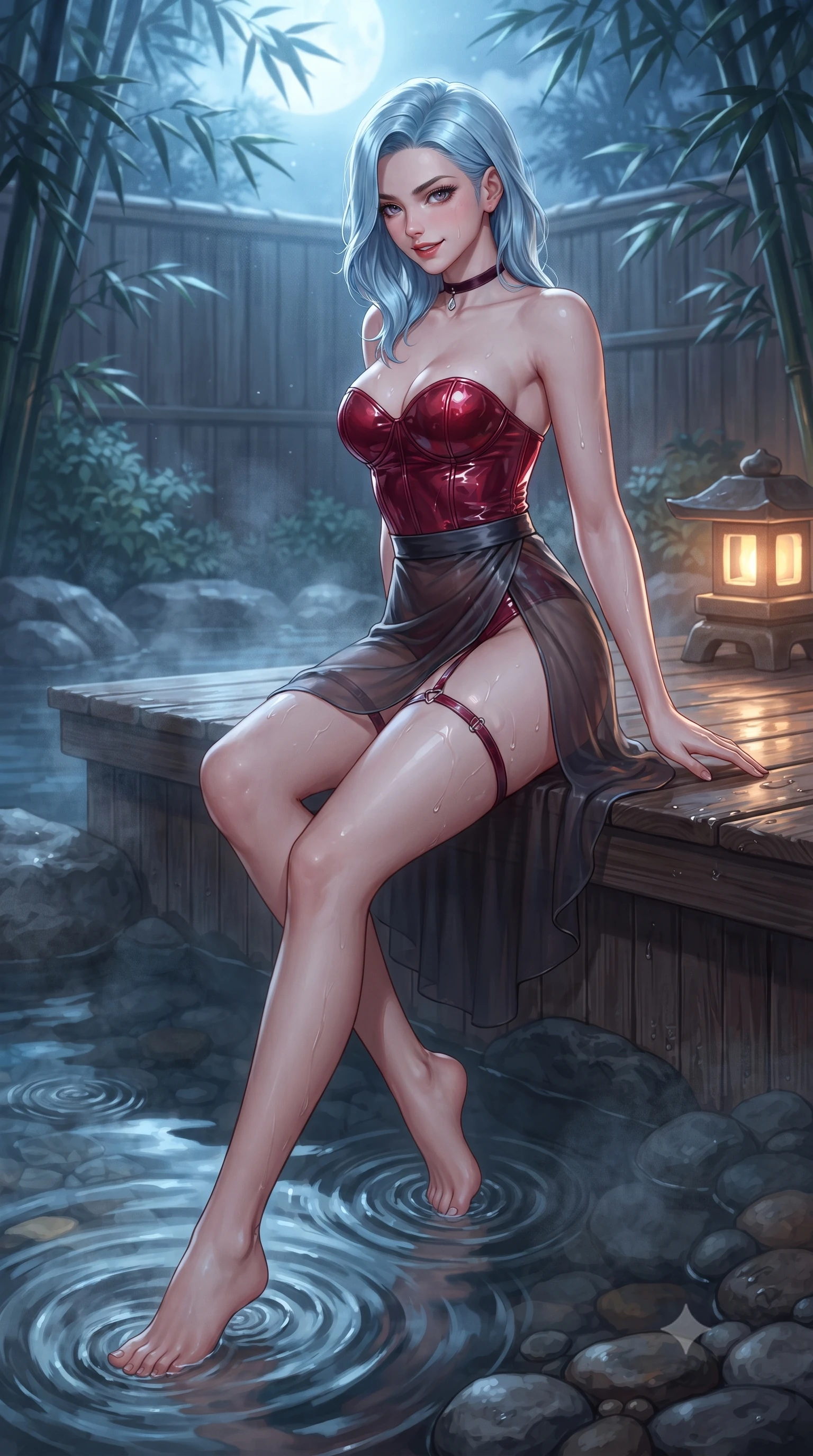score_9, masterpiece, best quality, ultra-detailed, high-budget anime keyframe, editorial fashion photography, tasteful artistic composition, Korean woman. low angle full-body shot from head to toe showing her feet, filling the entire 9:16 vertical frame with her statuesque presence, stretching her vertical silhouette. walking along the terrace with poise, looking back over her bare shoulder with an irresistible smoldering bedroom-gaze while sitting perched on the wooden onsen deck with legs dipped in steaming thermal water, flashing an enchanting, flirtatious smile. The surrounding environment is rendered in vivid detail and crisp panoramic clarity: sharp wet hinoki wood grain textures, steaming water ripples, and smooth river pebble flooring in deep focus. She has an exceptionally tall and slender model-like 8.5-heads proportion, an ultra-slim waist, a flat toned midriff, narrow delicate ribcage, and beautifully sculpted feminine hips creating a graceful, slim hourglass silhouette without any bulky heaviness, with impossibly long slender legs. sharp v-shaped jawline, high-bridge nose, intricate jewel-like sparkling eyes with depth, thick eyelashes, glossy parted lips with a natural peach sheen, bright cheerful beaming smile with an enchanting and coquettish sensual glint, exuding both youthful cute charm and seductive allure, flawlessly proportioned anatomical accuracy, strict slender model proportions, natural body alignment, perfectly sculpted long slender limbs, ultra-slim waistline, clean dynamic posture without body distortion. wearing a wet-look form-fitting vinyl bustier paired with a high-slit sheer-layered wrap mini skirt and thigh-strap accents in rich ruby crimson and dark brushed titanium, crafted from wet-look high-gloss vinyl fabric with dazzling specular surface reflections, finished with a thin velvet ribbon choker and a single teardrop diamond pendant, the glove-like clinging cut tightly following the natural contour of her hips and long slender legs with youthful 8.5-heads elegance. bathed in mystical cool silver moonlight filtering through swaying bamboo leaves combined with warm 2700K stone lantern glow. ultra-reflective glossy finish, specular highlights, rich textural contrasts, high-contrast stereoscopic depth, volumetric dynamic lighting, 2k, ultra detail, master piece, 9:16 ratio