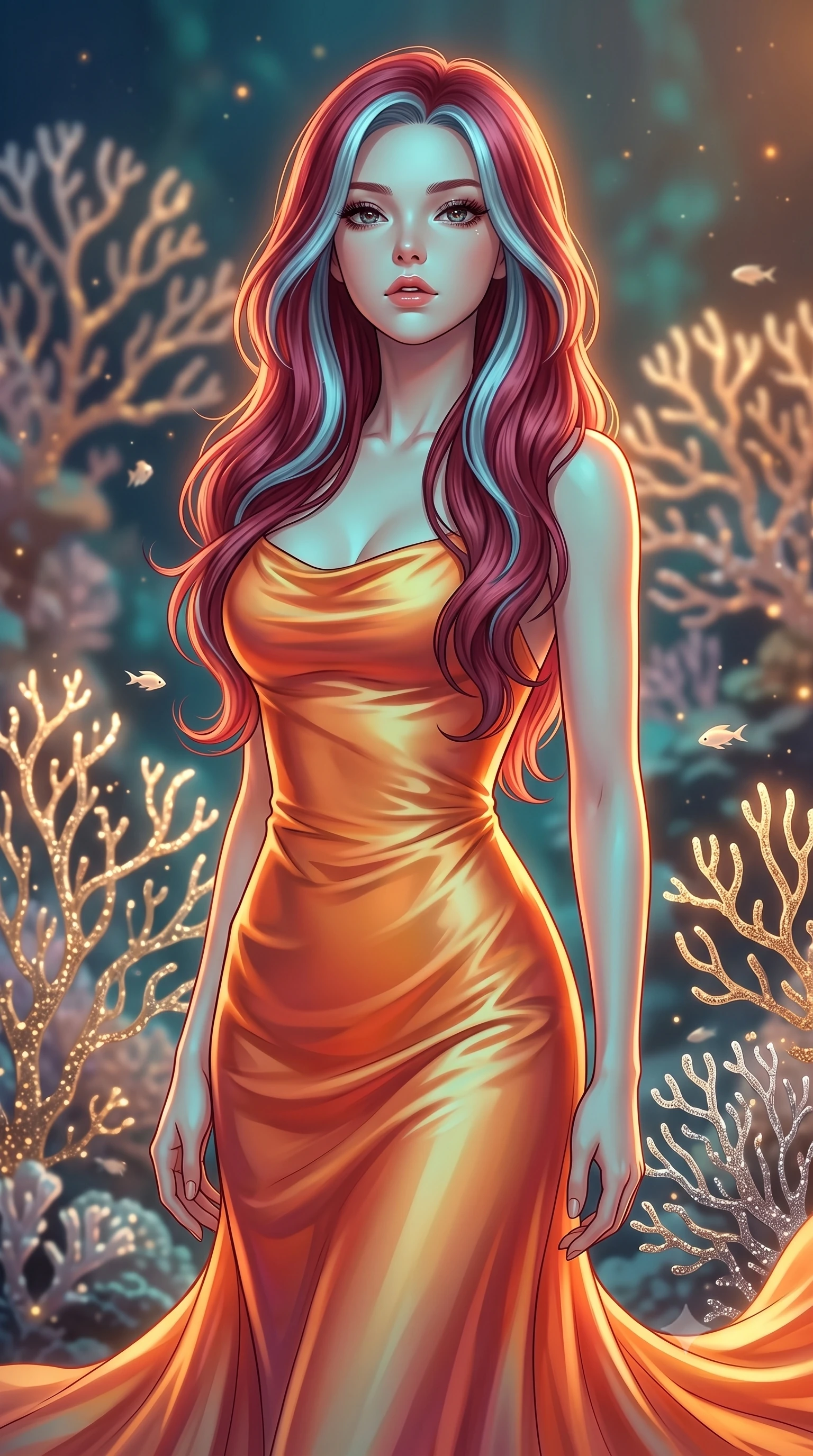 score_9, masterpiece, best quality, ultra-detailed, high-budget anime keyframe, editorial fashion photography, tasteful artistic composition, Caucasian woman, strictly human ears. close-up cowboy shot from the waist and thighs up, the character dominates the composition, filling the frame with her large presence, background elements kept in soft focus. Tilting her chin up slightly with lips parted in a composed expression. set against a soft-focus background of an underwater-like garden where coral formations are made entirely of solidified starlight in gold and silver their branches delicate as filigree swaying gently in cosmic currents with tiny light-fish darting between them. She has an exceptionally elegant and slender, willowy female figure with an ultra-slim waist, a gracefully sculpted slender torso, and a refined slim physique. sharp v-shaped jawline, high-bridge nose, intricate jewel-like eyes with depth, thick eyelashes, glossy lips with a natural sheen. wearing a liquid silk charmeuse gown in a sunset gradient of orange and gold, clinging and pooling along her tall, slender silhouette. warm amber rim lighting combined with cool teal fill light creating dramatic contrast. 2k, ultra detail, master piece, 9:16 ratio