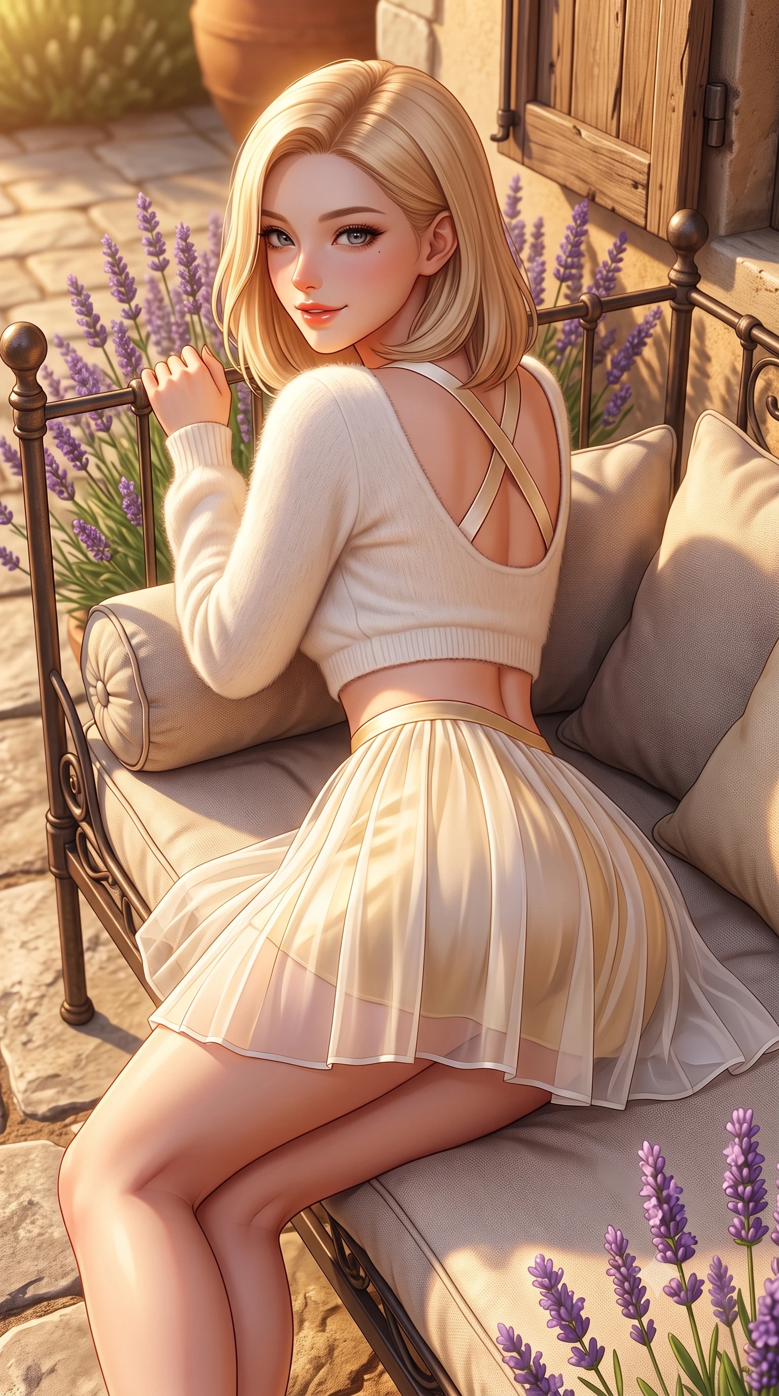 score_9, masterpiece, best quality, ultra-detailed, high-budget anime keyframe, semi-realistic 3D game render, editorial fashion photography, tasteful artistic composition, Korean woman. close-up cowboy shot from the waist and thighs up, the character dominates the composition, filling the frame with her large presence. posing in an alluring rear three-quarter angle, turning over a bare shoulder with an intoxicating cute smile, her hips cocked back to highlight her slim hourglass curve while reclining on a vintage iron daybed propped on one elbow, her flat midriff and willowy curves bathed in golden French countryside light. The surrounding environment is rendered in vivid detail and crisp panoramic clarity. sharp limestone flagstone textures, lavender flower spike details, and weathered wood grain in deep focus. She has an exceptionally elegant, slender, and willowy female figure with an ultra-slim waist, flat toned midriff, narrow ribcage, and sculpted feminine hips creating an alluring, slim hourglass silhouette without bulk. sharp v-shaped jawline, high-bridge nose, intricate jewel-like sparkling eyes with depth, thick eyelashes, glossy parted lips with a natural peach sheen, bright cheerful beaming smile with an enchanting and coquettish sensual glint, exuding both youthful cute charm and seductive allure, flawlessly proportioned anatomical accuracy, strict slender model proportions, natural body alignment, perfectly sculpted long slender limbs, ultra-slim waistline, clean dynamic posture without body distortion. wearing a soft angora crop knit sweater with a sheer pleated organza mini skirt over an opaque silk slip in pure alabaster white and sun-kissed gold, crafted from soft breathable linen with effortless natural drape, finished with criss-cross back satin straps highlighting her graceful shoulder blades, the form-fitting cut adhering flawlessly to her sculpted flat midriff and slender torso, emphasizing her long leg lines and perfectly proportioned willowy build. illuminated by warm terracotta terrace bounce fill sharply sculpting her sculpted collarbones, ultra-slim waist, and curvy hips. highly saturated vibrant anime colors, detailed shading with soft gradients, rich glossy textures, high-contrast stereoscopic depth, volumetric dynamic lighting, master piece, 9:16 ratio