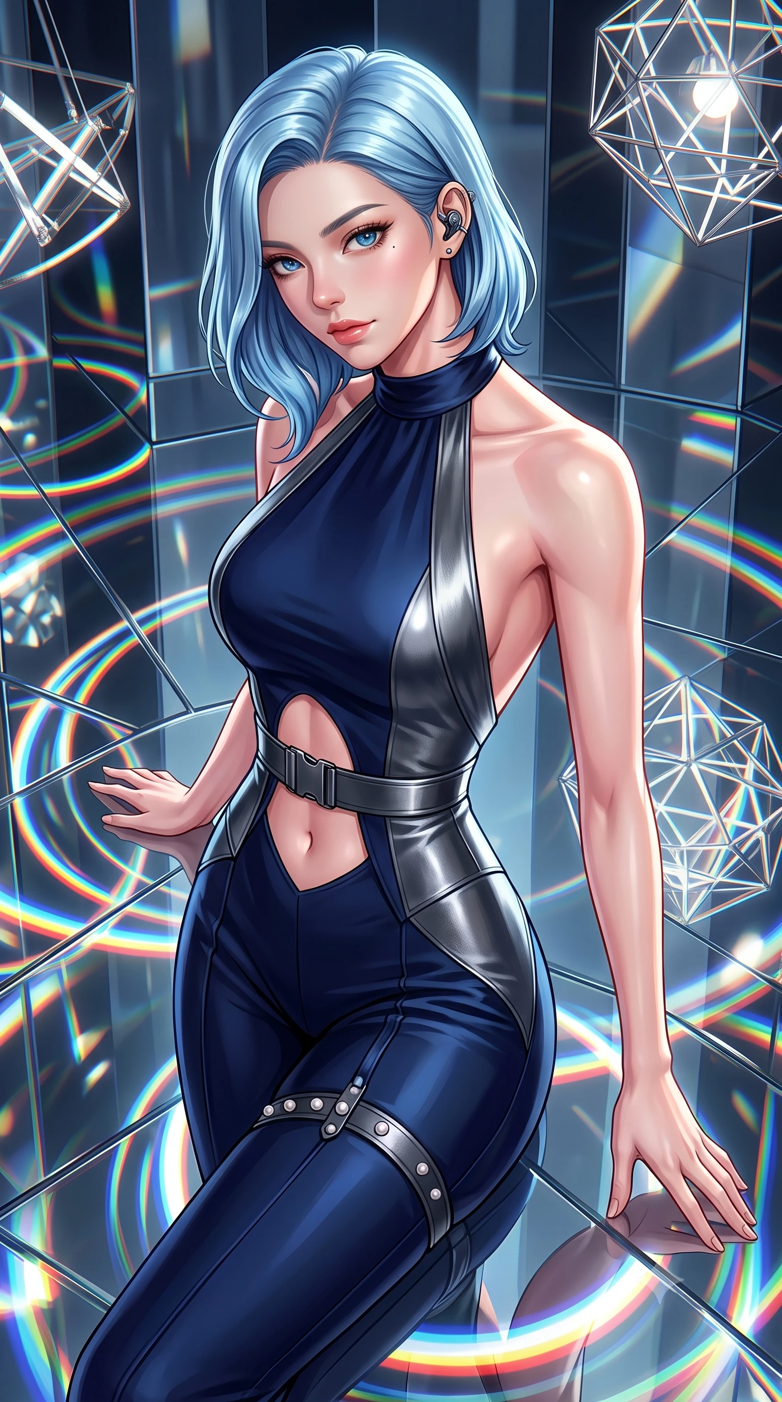 score_9, masterpiece, best quality, ultra-detailed, high-budget anime keyframe, semi-realistic 3D game render, editorial fashion photography, tasteful artistic composition, Korean woman. close-up cowboy shot from the waist and thighs up, the character dominates the composition, filling the frame with her large presence. leaning forward with playful, captivating grace, her sculpted collarbones and slender neckline highlighted by directional light while pivoting gracefully on a mirrored floor as infinite reflections of light and color surround her slender frame. The surrounding environment is rendered in vivid detail and crisp panoramic clarity. detailed metallic fabric reflections, chromatic aberration rings, and geometric light fixtures in high clarity. She has an exceptionally elegant, slender, and willowy female figure with an ultra-slim waist, a gracefully sculpted slender torso, toned flat midriff, and a refined slim silhouette. sharp v-shaped jawline, high-bridge nose, intricate jewel-like eyes with depth, thick eyelashes, glossy lips with a natural sheen, captivating and magnetic expression, flawlessly proportioned anatomical accuracy, strict slender model proportions, natural body alignment, perfectly sculpted long slender limbs, ultra-slim waistline, clean dynamic posture without body distortion. wearing a high-society undercover halter-neck jumpsuit with a tailored deep-V back and integrated tactical waist cincher in deep midnight blue and brushed gunmetal, tailored from fluid silk crepe with inner ballistic reinforcement, accessorized with a sleek concealed garter holster and pearl ear transmitter edition #22, the precision-cut daring openings accentuating her delicate midriff, graceful bare collarbones, and ultra-slim feminine waistline. illuminated by clean geometric specular highlights tracing her sculpted torso and legs. highly saturated vibrant anime colors, detailed shading with soft gradients, rich glossy textures, high-contrast stereoscopic depth, volumetric dynamic lighting, master piece, 9:16 ratio
