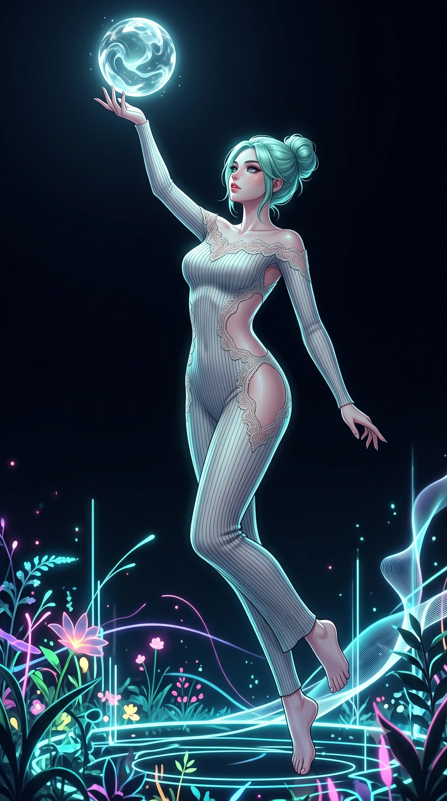 score_9, masterpiece, best quality, ultra-detailed, High-budget Anime Keyframe, East Asian woman. Dynamic full-body shot stretching the vertical silhouette to the limit. Scenario 320: reaching out to catch a floating sphere of liquid light in a virtual garden where neon flowers bloom in the dark. Her presence is magnetic and overpowering in this high-budget anime scene. Outfit 320: a body-hugging ribbed bodycon knit bare with a strategic side cut-outs and delicate lace embroidery. The clothing is designed to emphasize her exceptionally tall and slender 8-heads proportion. 8-heads proportion, towering silhouette, ultra-slim waist. sharp v-shaped jawline, intricate jewel-like eyes with depth, thick eyelashes, glossy lips. 2k, ultra detail, master piece, 9:16 ratio
