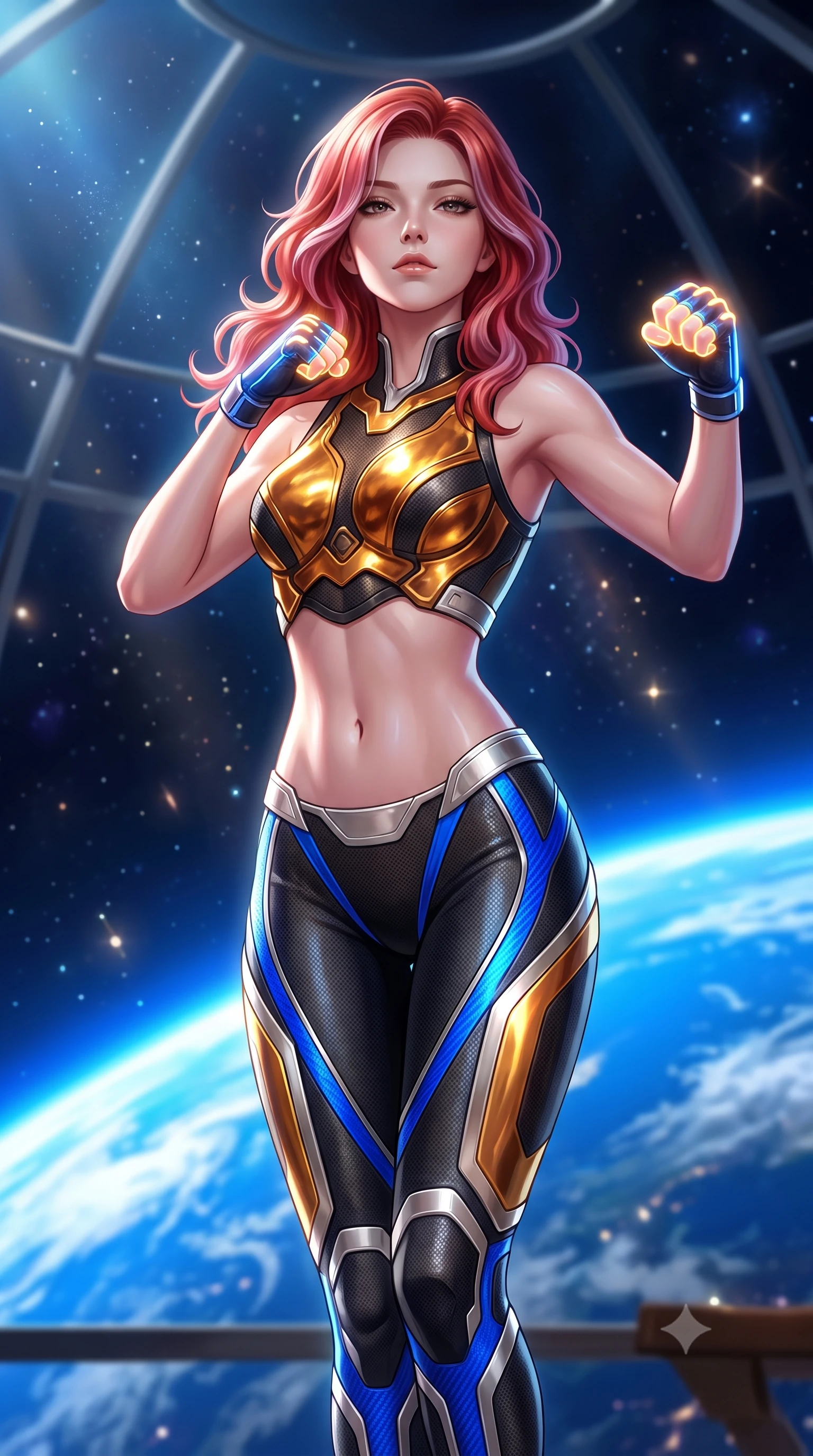 score_9, masterpiece, best quality, ultra-detailed, high-budget anime keyframe, semi-realistic 3D game render, editorial fashion photography, tasteful artistic composition, Caucasian woman. close-up cowboy shot from the waist and thighs up, the character dominates the composition, filling the frame with her large presence. tilting her head back with serene warrior composure, her sharp jawline and sculpted collarbones highlighted by glowing neon kinetic knuckles while floating in zero-gravity inside a soaring glass dome dojo overlooking the brilliant blue curvature of Earth while striking a serene martial arts pose. The composition keeps background elements in soft focus with creamy bokeh. distant starlight and solar flare rays scattering soft glowing light motes across a deep space backdrop. She has an exceptionally elegant, slender, and willowy female figure with an ultra-slim waist, a gracefully sculpted slender torso, toned flat midriff, and a refined slim silhouette. sharp v-shaped jawline, high-bridge nose, intricate jewel-like eyes with depth, thick eyelashes, glossy lips with a natural sheen, flawlessly proportioned anatomical accuracy, strict slender model proportions, natural body alignment, perfectly sculpted long slender limbs, ultra-slim waistline, clean dynamic posture without body distortion. wearing a sculpted molten-gold and dark carbon cuirass paired with high-mobility combat leggings and kinetic energy channels in electric cobalt blue carbon with polished platinum trim, tailored from flexible second-skin carbon-mesh that clings flawlessly to her athletic curves, finished with high-mobility flexible limb seams and miniature magnetic armor locks, the glove-like aerodynamic second-skin fit tightly clinging to her ultra-slender waist and athletic curves without adding bulk, accentuating her razor-sharp statuesque lines and slim hourglass silhouette. illuminated by crisp white key light and sharp specular highlights tracing her ultra-slim waist and long legs. rich saturated anime colors with glowing neon highlights, detailed shading with soft gradients, rich glossy textures, high-contrast stereoscopic depth, volumetric dynamic lighting, master piece, 9:16 ratio
