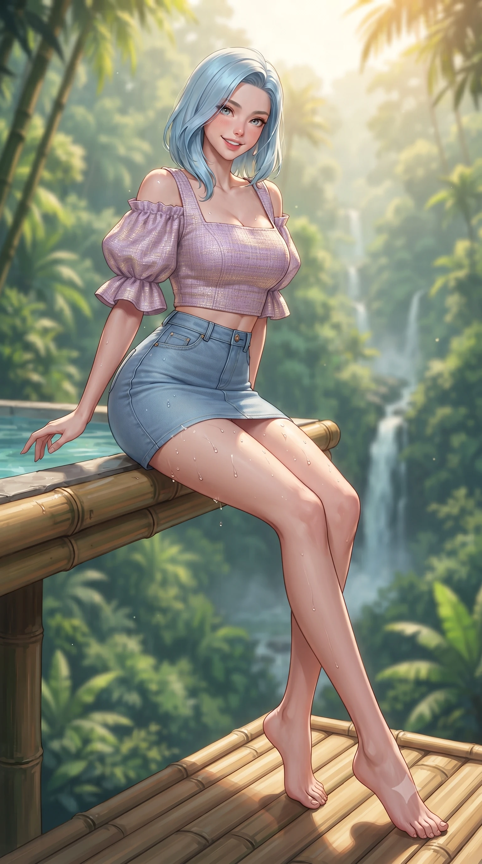 score_9, masterpiece, best quality, ultra-detailed, high-budget anime keyframe, editorial fashion photography, tasteful artistic composition, Korean woman. low angle full-body shot from head to toe showing her feet, filling the entire 9:16 vertical frame with her statuesque presence, stretching her vertical silhouette. leaning deep against the sunlit architecture with hips cocked back in a cute yet unapologetically alluring high-fashion stance, flashing a warm beaming smile while sitting on the edge of the cantilevered bamboo pool deck high above the jungle valley, water droplets beading on her hip as she turns with a beaming smile. The composition keeps background elements in soft focus with dreamy creamy bokeh. towering tropical rainforest canopies and cascading valley waterfalls blurred into vivid lime, jade, and jungle-gold bokeh. She has an exceptionally tall and slender model-like 8.5-heads proportion, an ultra-slim waist, a flat toned midriff, narrow delicate ribcage, and beautifully sculpted feminine hips creating a graceful, slim hourglass silhouette without any bulky heaviness, with impossibly long slender legs. sharp v-shaped jawline, high-bridge nose, intricate jewel-like sparkling eyes with depth, thick eyelashes, glossy parted lips with a natural peach sheen, bright cheerful beaming smile with an enchanting and coquettish sensual glint, exuding both youthful cute charm and seductive allure, flawlessly proportioned anatomical accuracy, strict slender model proportions, natural body alignment, perfectly sculpted long slender limbs, ultra-slim waistline, clean dynamic posture without body distortion. wearing an off-shoulder puff-sleeve crop blouse with a tight high-waisted denim A-line mini skirt emphasizing her curvy hips in soft lilac and champagne shimmer, tailored from soft pastel tweed with subtle metallic shimmer, featuring elegant flutter sleeves and a graceful square neckline, the form-contouring cut accentuating her sculpted flat midriff, narrow delicate ribcage, and gracefully curvy hips with supermodel precision. bathed in warm tropical golden morning sunlight filtering through jungle canopy foliage. ultra-reflective glossy finish, specular highlights, rich textural contrasts, high-contrast stereoscopic depth, volumetric dynamic lighting, 2k, ultra detail, master piece, 9:16 ratio