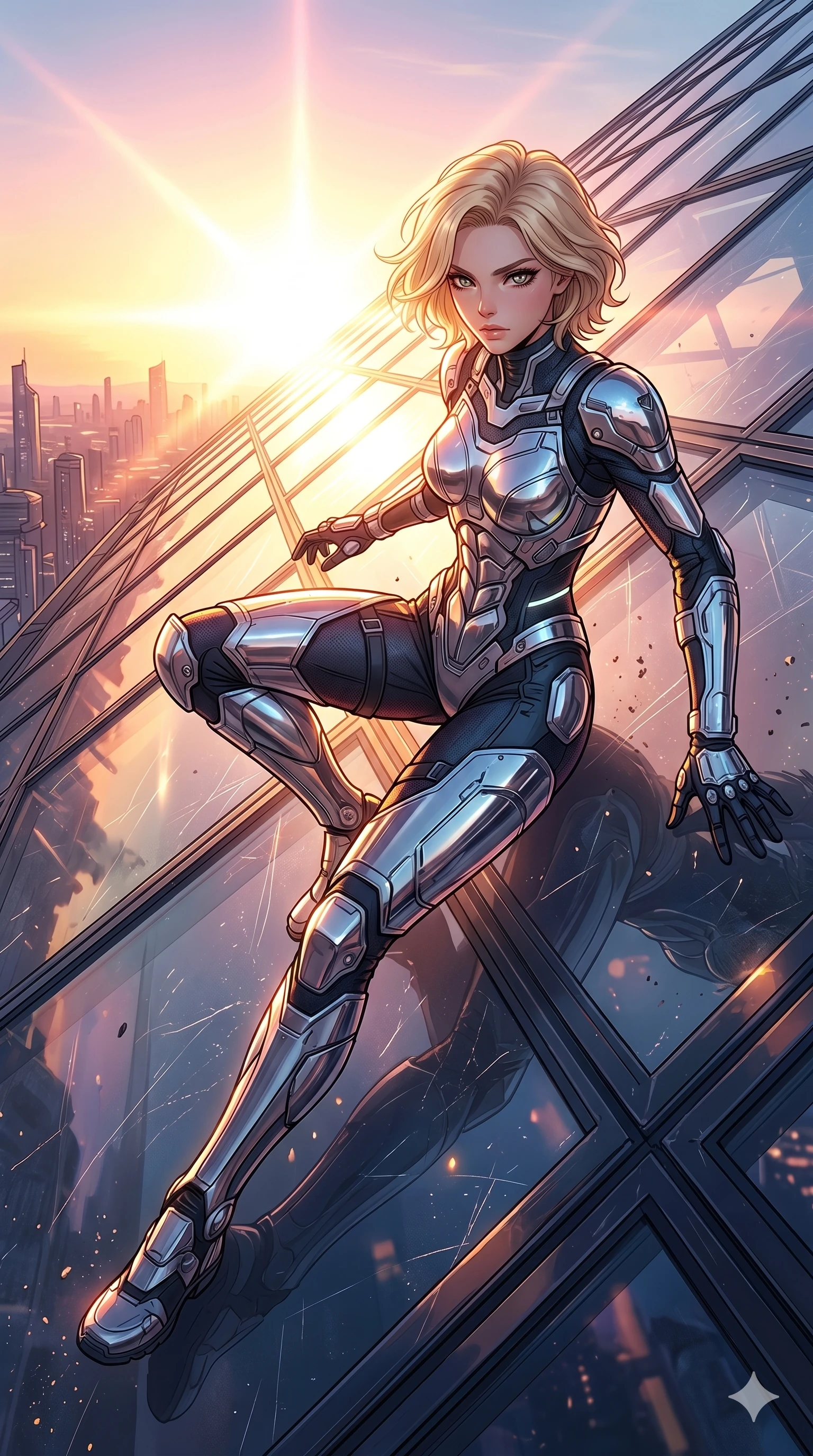 score_9, masterpiece, best quality, ultra-detailed, high-budget anime movie keyframe, cinematic anime lighting, intricate line art, Caucasian (strictly human ears) woman. Low angle cowboy shot capturing a powerful motion and statuesque presence. sliding down a glass roof as the sun creates a blinding glare. She has an graceful and slender female figure with elegant proportions. strictly human anatomy, two legs only, no extra limbs, clearly defined legs and arms, well-defined anatomy, perfect hands and fingers. sharp v-shaped jawline, high-bridge nose, intricate jewel-like eyes, thick eyelashes, glossy lips. Wearing Cyber-Tech Legacy: Futuristic tech-outfit with sleek panels and a chrome-plated aesthetic. The scene is illuminated by dramatic atmospheric lighting and vibrant color palettes. , 2k, ultra detail, master piece, 9:16 ratio