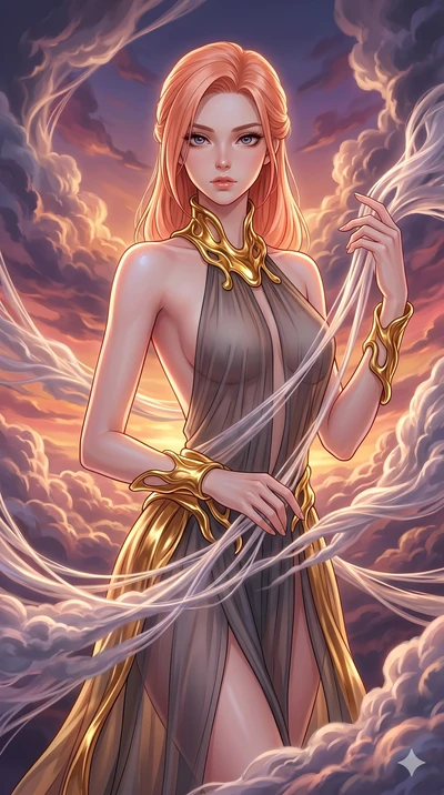 score_9, masterpiece, best quality, ultra-detailed, high-budget anime keyframe, Japanese woman. upper body close-up from the thighs up, character filling the screen for maximum presence. threading through a volumetric cloud weave where storm clouds a