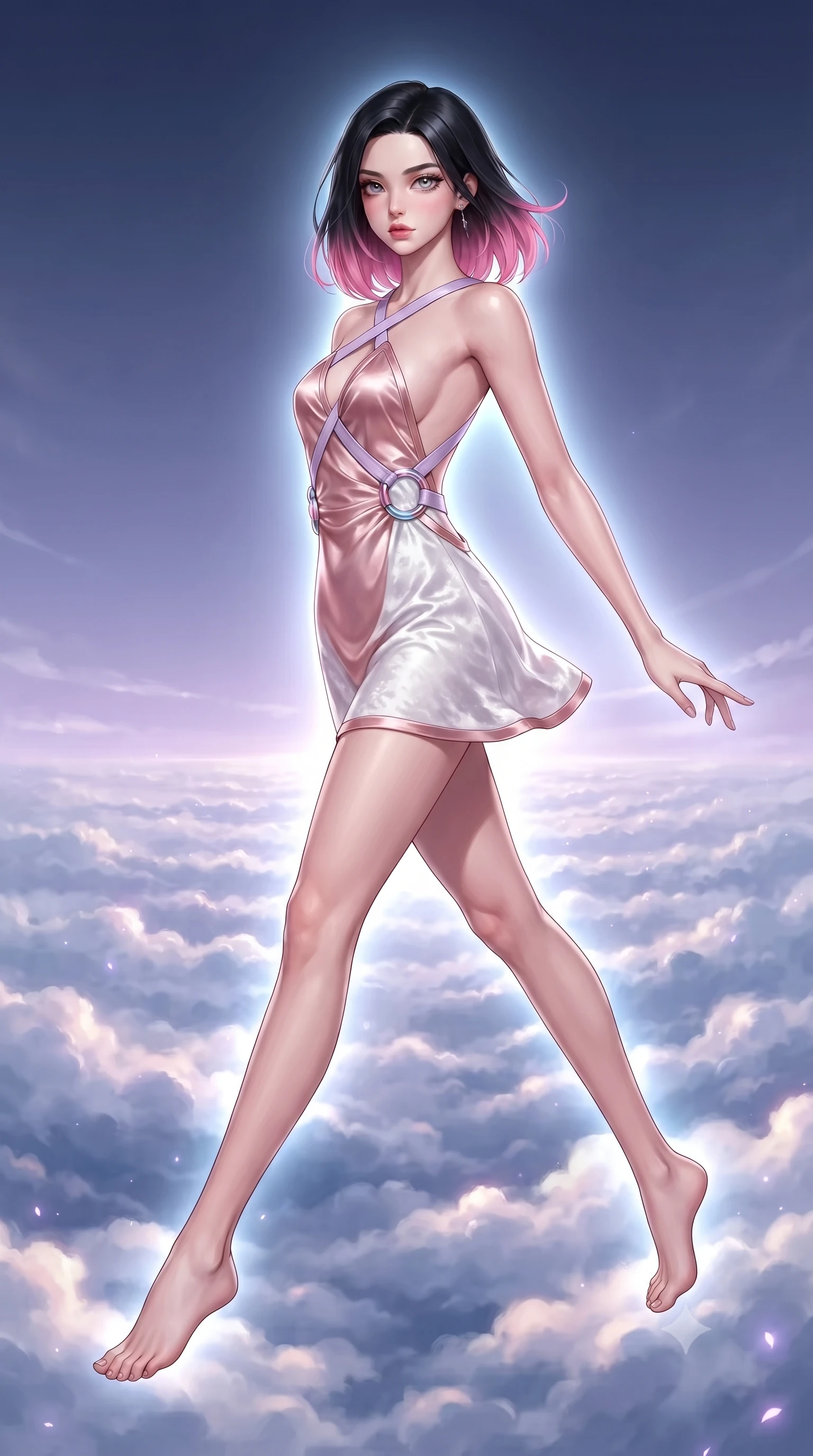 score_9, masterpiece, best quality, ultra-detailed, high-budget anime keyframe, editorial fashion photography, tasteful artistic composition, Korean woman. low angle full-body shot from head to toe showing her feet, filling the entire 9:16 vertical frame with her statuesque presence, stretching her vertical silhouette. navigating the celestial sanctuary with an effortless, graceful stride, poised above a sea of clouds illuminated by glowing polar lights, soft cloud layer below reflecting subtle violet skyglow. She has an absolutely perfect, statuesque 8.5-heads proportion, an exceptionally tall and slender model-like female figure with impossibly long slender legs and an ultra-slim waist. sharp v-shaped jawline, high-bridge nose, intricate jewel-like eyes with depth, thick eyelashes, glossy lips with a natural sheen. wearing dramatically scooped backless rose-gold satin mini dress with criss-cross straps in pastel lavender violet, made of crushed white silk velvet, accented with sculpted opal chrome rings at the waist, sculpting her athletic slender build with refined precision. surrounded by a radiant aurora aura with sharp edge highlights. highly saturated vibrant anime colors, detailed shading with soft gradients, rich glossy textures, high-contrast stereoscopic depth, volumetric dynamic lighting, master piece, 9:16 ratio
