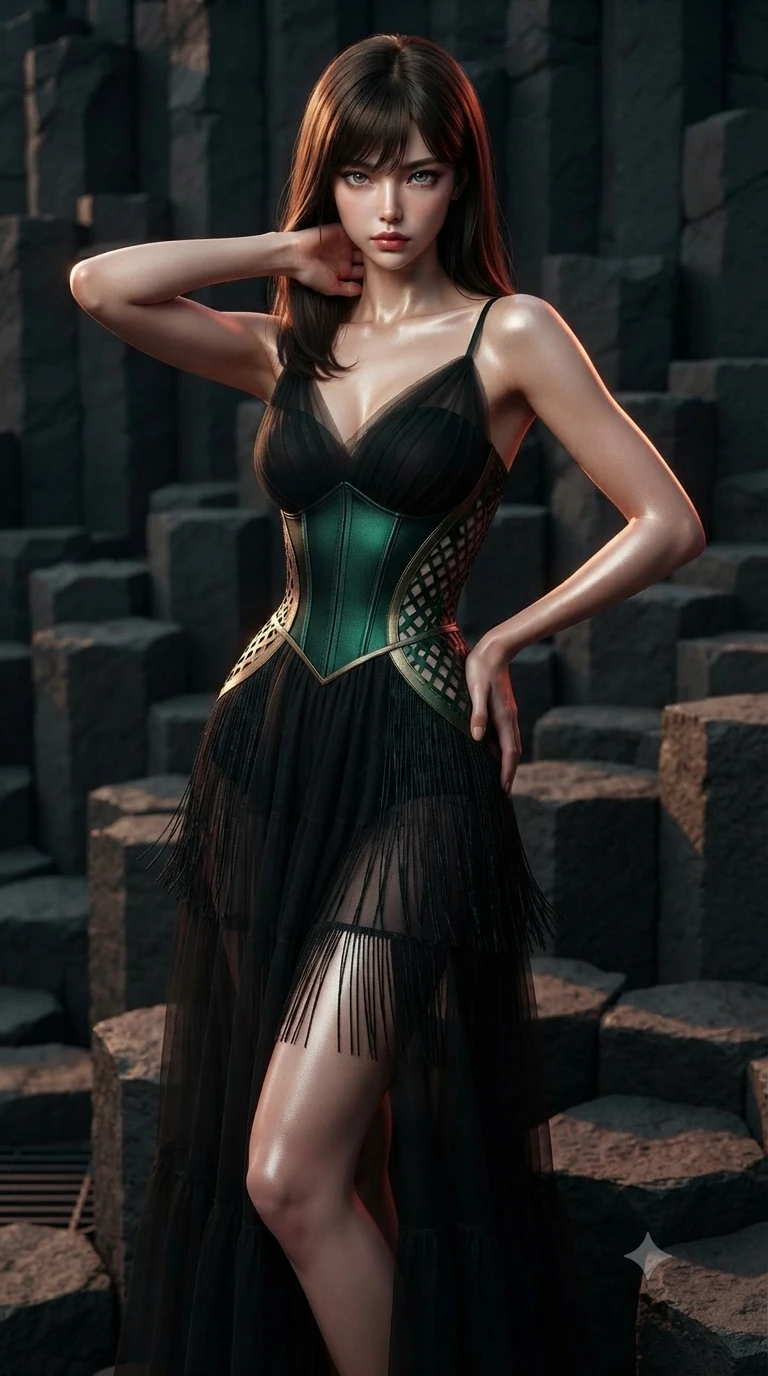 score_9, masterpiece, best quality, ultra-detailed, high-budget anime keyframe, editorial fashion photography, tasteful artistic composition, Korean woman. close-up cowboy shot from the waist and thighs up, the character dominates the composition, filling the frame with her large presence. resting both hands lightly behind her neck with elbows raised, arching her spine to highlight her narrow waist and flat midriff while standing tall atop a stepped basalt hexagonal column, one hand on her hip as she looks into the lens with smoldering, dangerous intensity. The surrounding environment is rendered in vivid detail and crisp panoramic clarity: sharp hexagonal column joint seams, natural volcanic rock micro-textures, and glowing floor grille lines in deep focus. She has an exceptionally elegant, slender, and willowy female figure with an ultra-slim waist, flat toned midriff, narrow ribcage, and sculpted feminine hips creating an alluring, slim hourglass silhouette without bulk. sharp v-shaped jawline, high-bridge nose, intricate jewel-like dark sparkling eyes with hypnotic seductive depth, thick curled eyelashes, glossy parted lips with a natural wine sheen, alluring bedroom-eyes with an enigmatic smoldering smile, exuding magnetic sovereign charisma and dark avant-garde glamour, flawlessly proportioned anatomical accuracy, strict slender model proportions, natural body alignment, perfectly sculpted long slender limbs, ultra-slim waistline, clean dynamic posture without body distortion. wearing a tiered semi-sheer black tulle and silk slip dress with an ultra-slim corseted waist and bare shoulders in dark emerald green and antique bronze, adorned with laser-cut diamond side panels revealing teasing glimpses of bare skin, finished with delicate jet-black micro-fringe fluttering softly along her hips with each step, the glove-like silhouette tightly following the natural contour of her hips and long slender legs with youthful 8.5-heads elegance. illuminated by volcanic stone bounce and sharp scarlet-amber rim lights defining her razor-sharp jawline, narrow waist, and curvy hips. ultra-reflective glossy finish, specular highlights, metallic sheen, high-contrast stereoscopic depth, volumetric dynamic lighting, 2k, ultra detail, master piece, 9:16 ratio