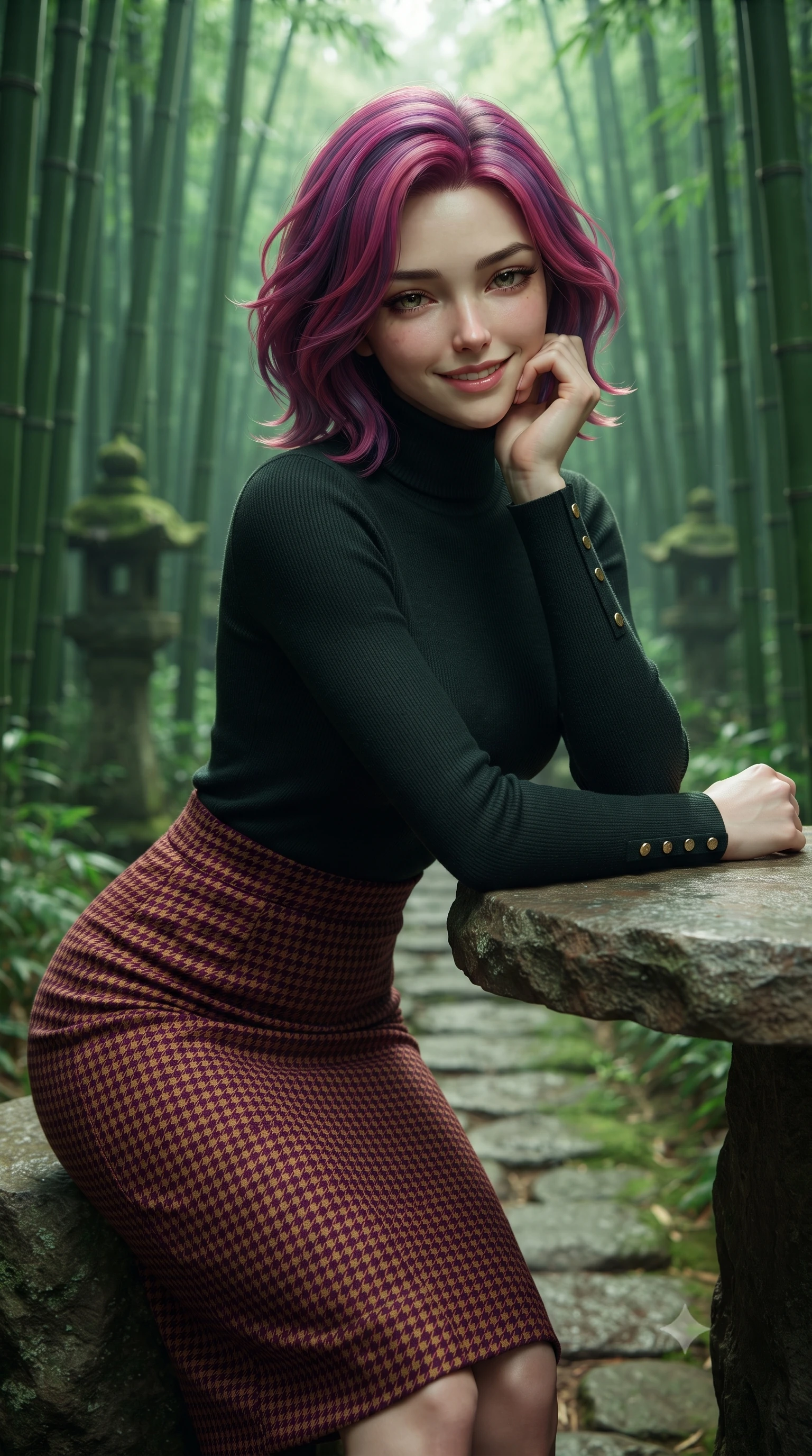 score_9, masterpiece, best quality, ultra-detailed, high-budget anime keyframe, editorial fashion photography, tasteful artistic composition, Caucasian woman. close-up cowboy shot from the waist and thighs up, the character dominates the composition, filling the frame with her large presence. resting one elbow on the table and supporting her chin, leaning close to the camera with heavy-lidded sparkling eyes and parted lips while standing poised between towering emerald bamboo stalks, looking back along the stone pathway with an enchanting, radiant smile. The background shows a soft-focus ancient mossy stone lanterns softened in mystical Japanese natural sanctuary shallow focus. She has an exceptionally elegant, slender, and willowy female figure with an ultra-slim waist, flat toned midriff, narrow ribcage, and sculpted feminine hips creating an alluring, slim hourglass silhouette without bulk. sharp v-shaped jawline, high-bridge nose, intricate jewel-like sparkling eyes with depth, thick eyelashes, glossy parted lips with a natural peach sheen, bright cheerful beaming smile with an enchanting and coquettish sensual glint, exuding both youthful cute charm and seductive allure, flawlessly proportioned anatomical accuracy, strict slender model proportions, natural body alignment, perfectly sculpted long slender limbs, ultra-slim waistline, clean dynamic posture without body distortion. wearing a body-hugging fine-knit merino turtleneck tucked seamlessly into a high-waisted tailored houndstooth pencil midi skirt in rich Oxford burgundy and golden amber, woven from fluid liquid silk jersey that clings smoothly to her narrow waist and rounded hips with a dewy sheen, accented with delicate gold button studs trailing down the snug sleeve cuffs, the second-skin tailored fabric adhering flawlessly to her sculpted flat midriff and slender torso, emphasizing her long leg lines and perfectly proportioned willowy build. illuminated by soft green foliage bounce and crisp jade-gold rim lights sculpting her razor-sharp jawline and tall willowy frame. ultra-reflective glossy finish, specular highlights, rich textural contrasts, high-contrast stereoscopic depth, volumetric dynamic lighting, 2k, ultra detail, master piece, 9:16 ratio