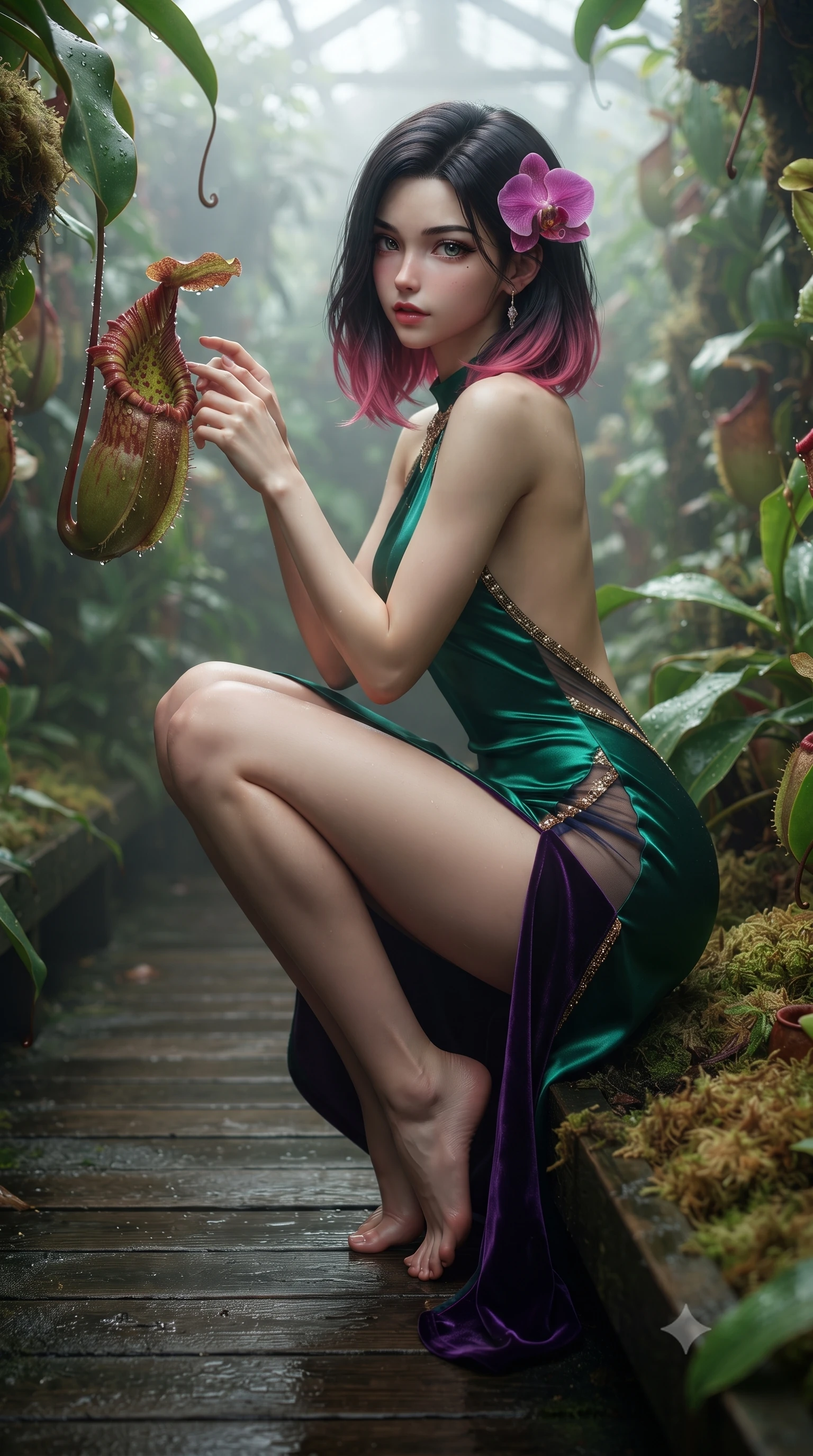 score_9, masterpiece, best quality, ultra-detailed, high-budget anime keyframe, editorial fashion photography, tasteful artistic composition, Korean woman. close-up cowboy shot from the waist and thighs up, the character dominates the composition, filling the frame with her large presence. perched sideways on the lounge seat, one knee drawn up to showcase her slender leg line while her arched back accentuates her feminine hip curve while sitting perched on a damp wooden walkway with one knee bent, touching a carnivorous blossom with curious, coquettish charm. The surrounding environment is rendered in vivid detail and crisp panoramic clarity: sharp pitcher plant peristome ribbing, glistening nectar droplets, and sphagnum moss texture in deep focus. She has an exceptionally elegant, slender, and willowy female figure with an ultra-slim waist, flat toned midriff, narrow ribcage, and sculpted feminine hips creating an alluring, slim hourglass silhouette without bulk. sharp v-shaped jawline, high-bridge nose, sparkling eyes with hypnotic seductive depth, thick curled eyelashes, glossy parted lips with a natural dewy peach sheen, alluring bedroom-eyes with an enchanting coquettish smile, exuding magnetic siren charisma and sophisticated glamour, flawlessly proportioned anatomical accuracy, strict slender model proportions, natural body alignment, perfectly sculpted long slender limbs, ultra-slim waistline, clean dynamic posture without body distortion. wearing a slinky backless halterneck column mini dress in shimmering liquid emerald satin with deep side leg slits in high-roller royal purple velvet and gilded bronze with crystal trims, made of semi-opaque stretch illusion mesh with soft shadowy contours, accented with a fresh-bloomed exotic magenta orchid tucked gracefully into her dark glossy hair, the precision-cut side openings and low-back scoop framing her graceful spine and the sensual sweep of her slim, toned hips. bathed in diffused humid greenhouse sunlight filtered through dense morning mist clouds. ultra-reflective glossy finish, specular highlights, rich textural contrasts, high-contrast stereoscopic depth, volumetric dynamic lighting, 2k, ultra detail, master piece, 9:16 ratio