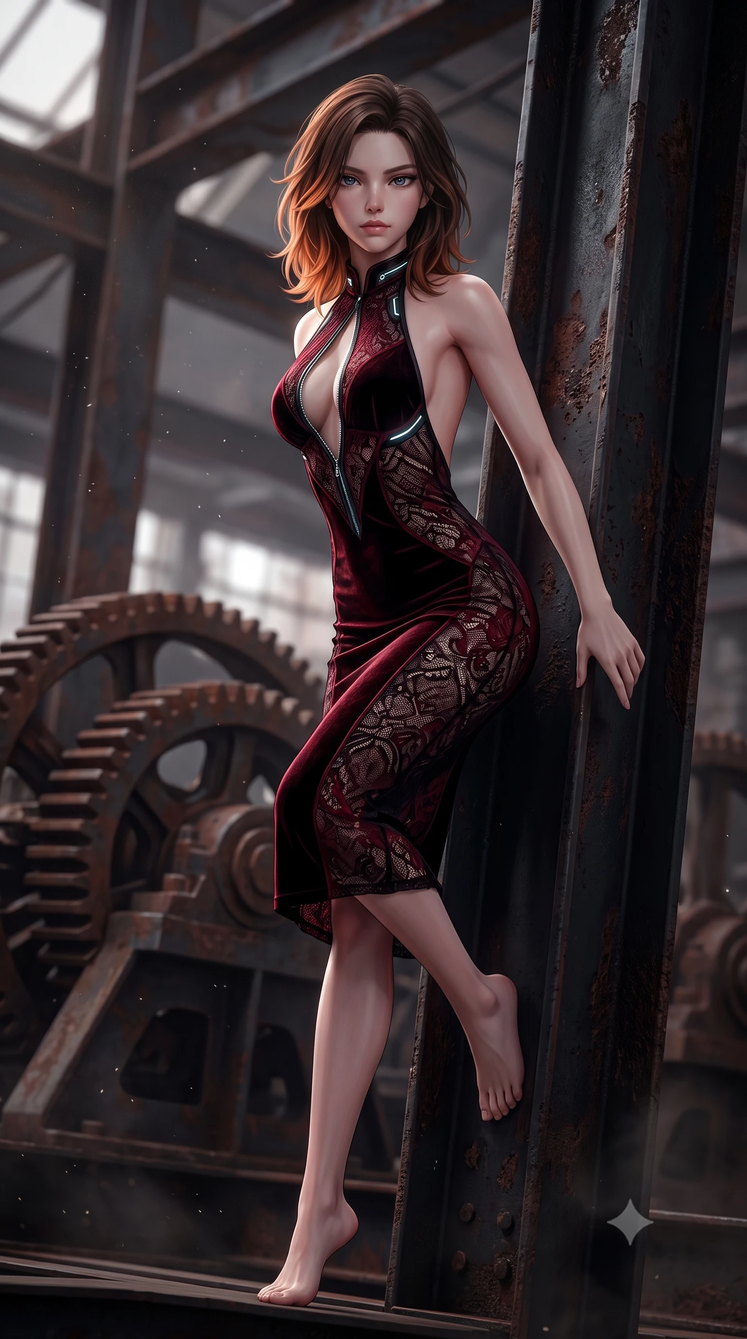 score_9, masterpiece, best quality, ultra-detailed, high-budget anime keyframe, semi-realistic 3D game render, editorial fashion photography, tasteful artistic composition, Korean woman. low angle full-body shot from head to toe showing her feet, filling the entire 9:16 vertical frame with her statuesque presence, stretching her vertical silhouette. pivoting dynamically in mid-motion with a breathtakingly alluring posture, displaying her flawless model proportions, toned flat midriff, and ultra-slim waist while leaning against a massive steel support beam with a smoldering, predatory gaze amidst drifting iron dust. The composition keeps background elements in soft focus with creamy bokeh. massive rusty gear assemblies and exposed steel girders softened in heavy shallow focus. She has an absolutely perfect, statuesque 8.5-heads proportion, an exceptionally tall and slender model-like female figure with impossibly long slender legs, a toned flat midriff, and an ultra-slim waist. sharp v-shaped jawline, high-bridge nose, intricate jewel-like eyes with depth, thick eyelashes, glossy lips with a natural sheen, flawlessly proportioned anatomical accuracy, strict slender model proportions, natural body alignment, perfectly sculpted long slender limbs, ultra-slim waistline, clean dynamic posture without body distortion. wearing a velvet halter-neck midi dress fitting her statuesque contour flawlessly with a Tasteful chest slit and open spine in midnight onyx black and deep blood crimson, crafted from delicate dark lace interwoven with luminescent micro-fibers, featuring a dangerously unzipped neckline framed by subtle glowing cybernetic accents, the sleek second-skin cut tightly hugging her graceful clavicle, narrow waist, and feminine curves with athletic precision. surrounded by a gritty, rebellious, and fiercely provocative cyber-underworld queen aura. rich saturated anime colors with deep moody shadows, detailed chiaroscuro shading with soft gradients, rich glossy textures, high-contrast stereoscopic depth, volumetric dynamic shadow lighting, master piece, 9:16 ratio
